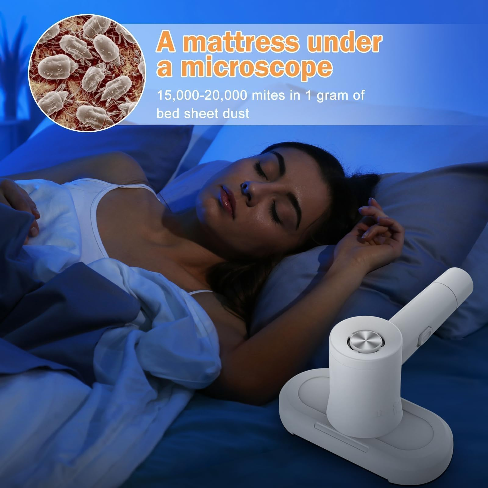 Eine Frau schläft im Bett, während ein Milbendetektor Staubmilben einblendet.