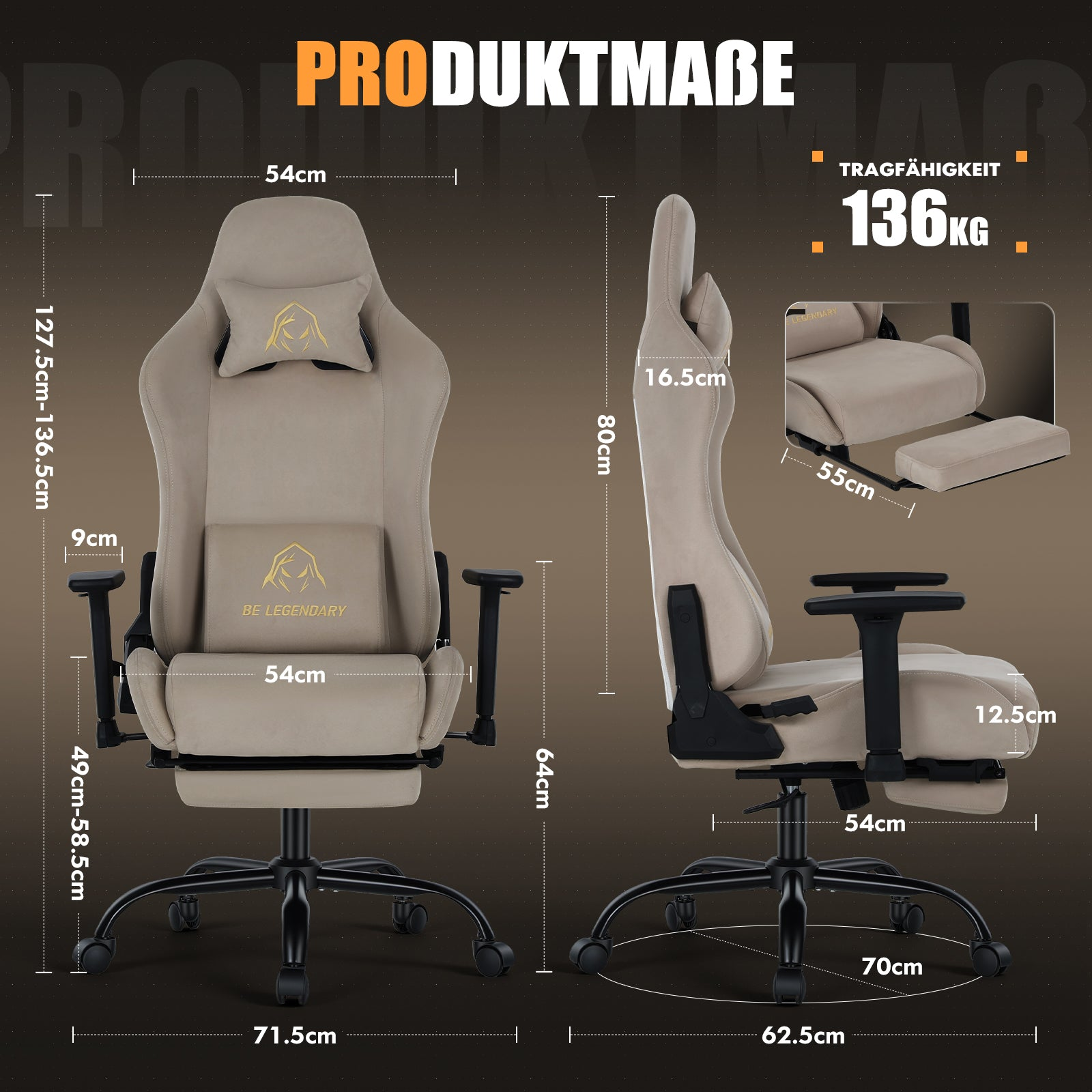 Diagramm der Produktmaße eines beige-braunen Gaming-Stuhls mit Fußstütze und Maßangaben.