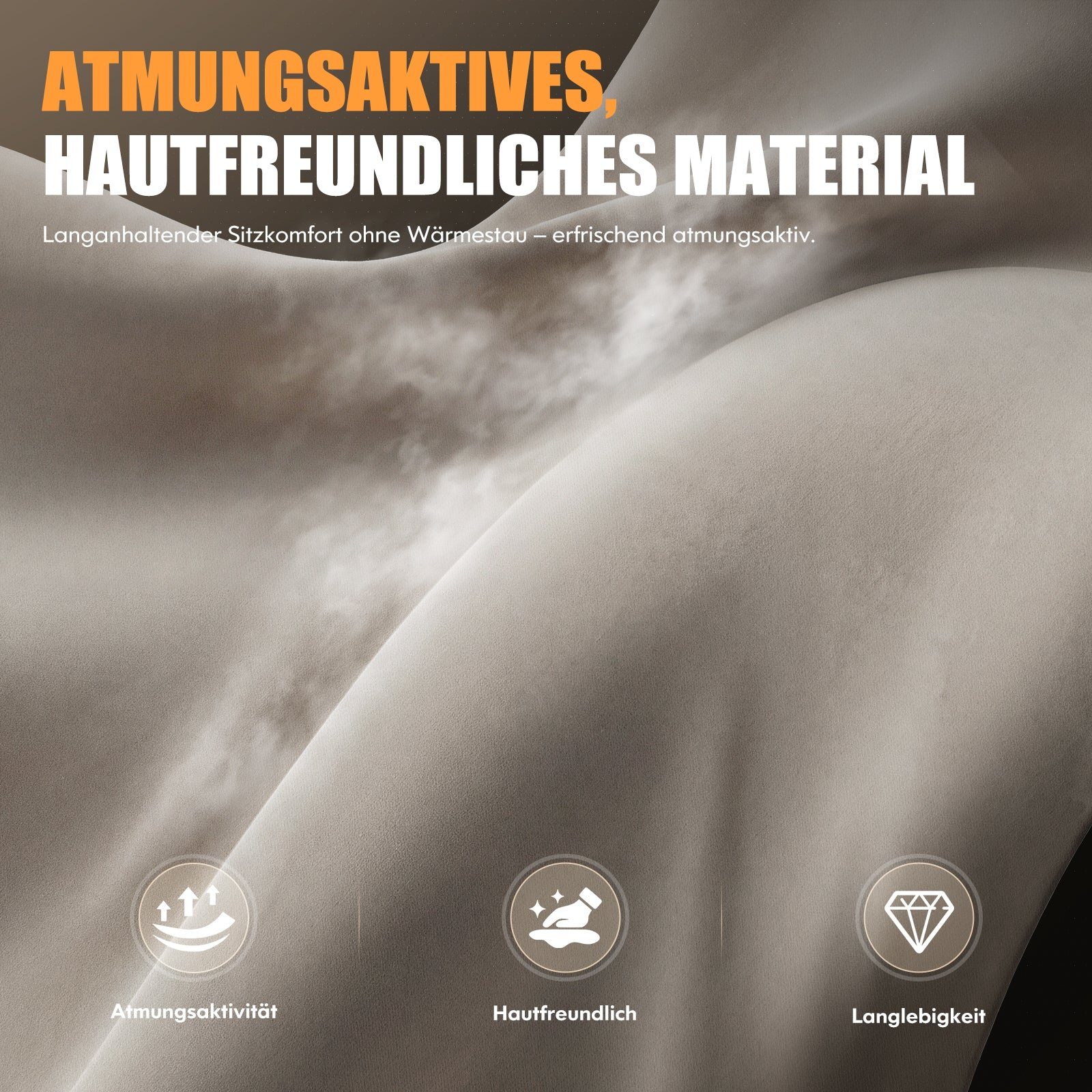 Wellenförmiger, grauer Stoff mit Text und drei Icons für Atmungsaktivität, Hautfreundlichkeit und Langlebigkeit.