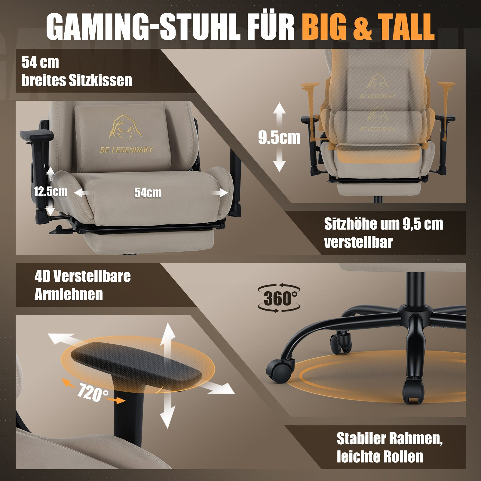 Gaming-Stuhl für Große und Große mit verstellbarer Sitzhöhe, Armlehnen und 360-Grad-Rollen.