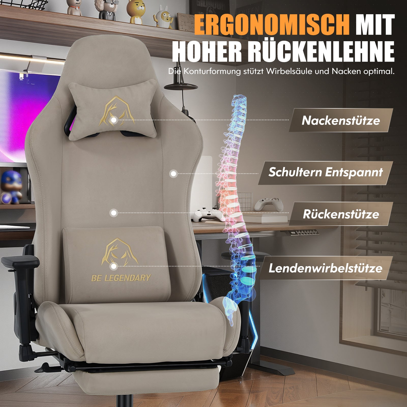 Beigefarbener Gaming-Stuhl mit ergonomischer Rückenlehne und integrierter Wirbelsäulengrafik.