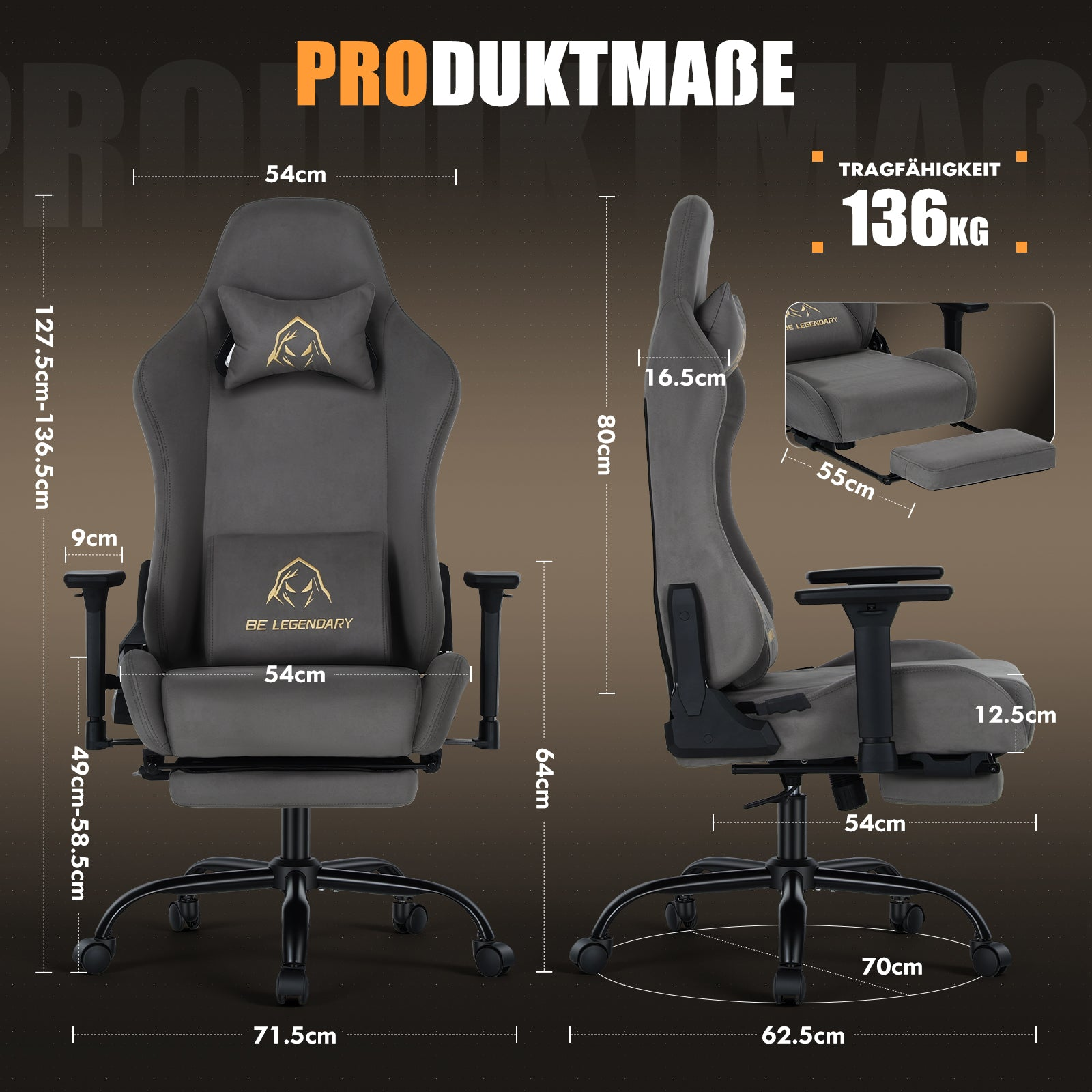 Grauer Gaming-Stuhl mit Fußstütze und Maßangaben in Zentimetern sowie 136 kg Tragkraft.
