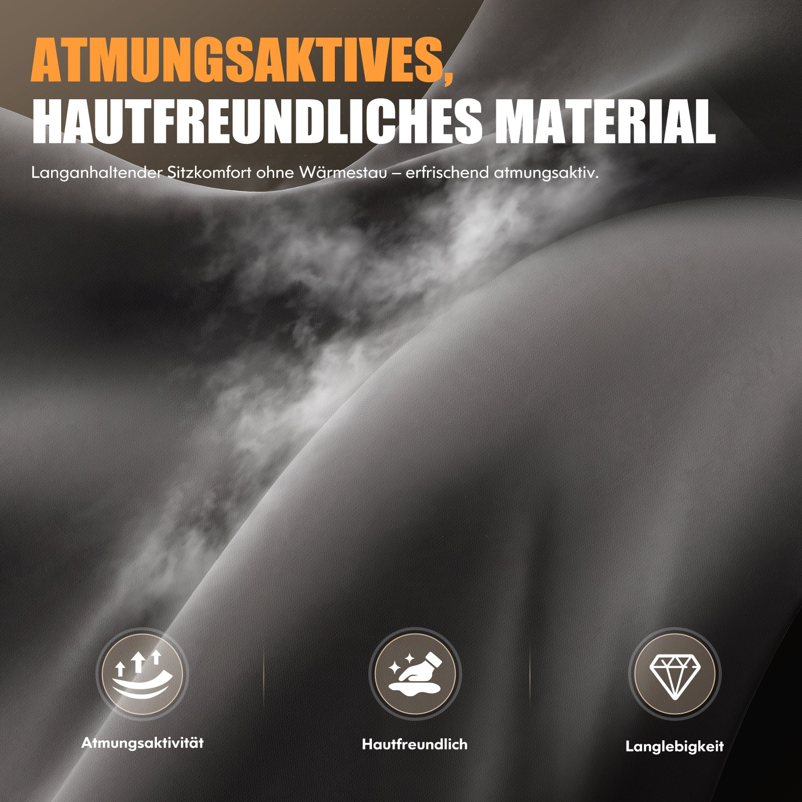 Atmungsaktives, hautfreundliches Material mit drei Icons unten für Atmungsaktivität, Hautfreundlichkeit und Langlebigkeit.