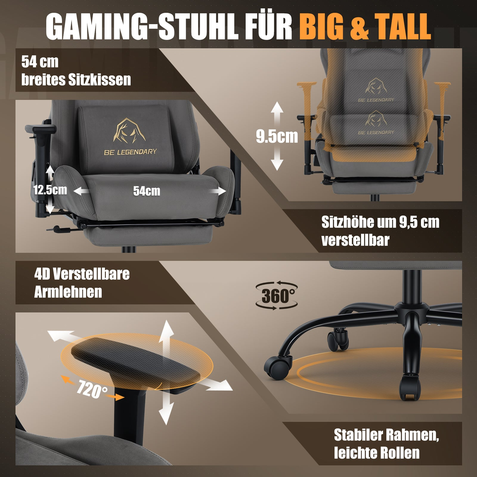 Gaming-Stuhl für große Personen mit Maßen, verstellbarer Höhe, 4D-Armlehnen und leichtgängigen Rollen.