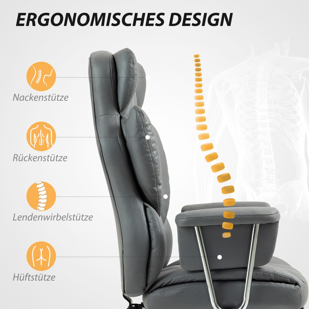 Diagramm eines ergonomischen Stuhls mit Markierungen für Nacken-, Rücken-, Lendenwirbel- und Hüftstütze.