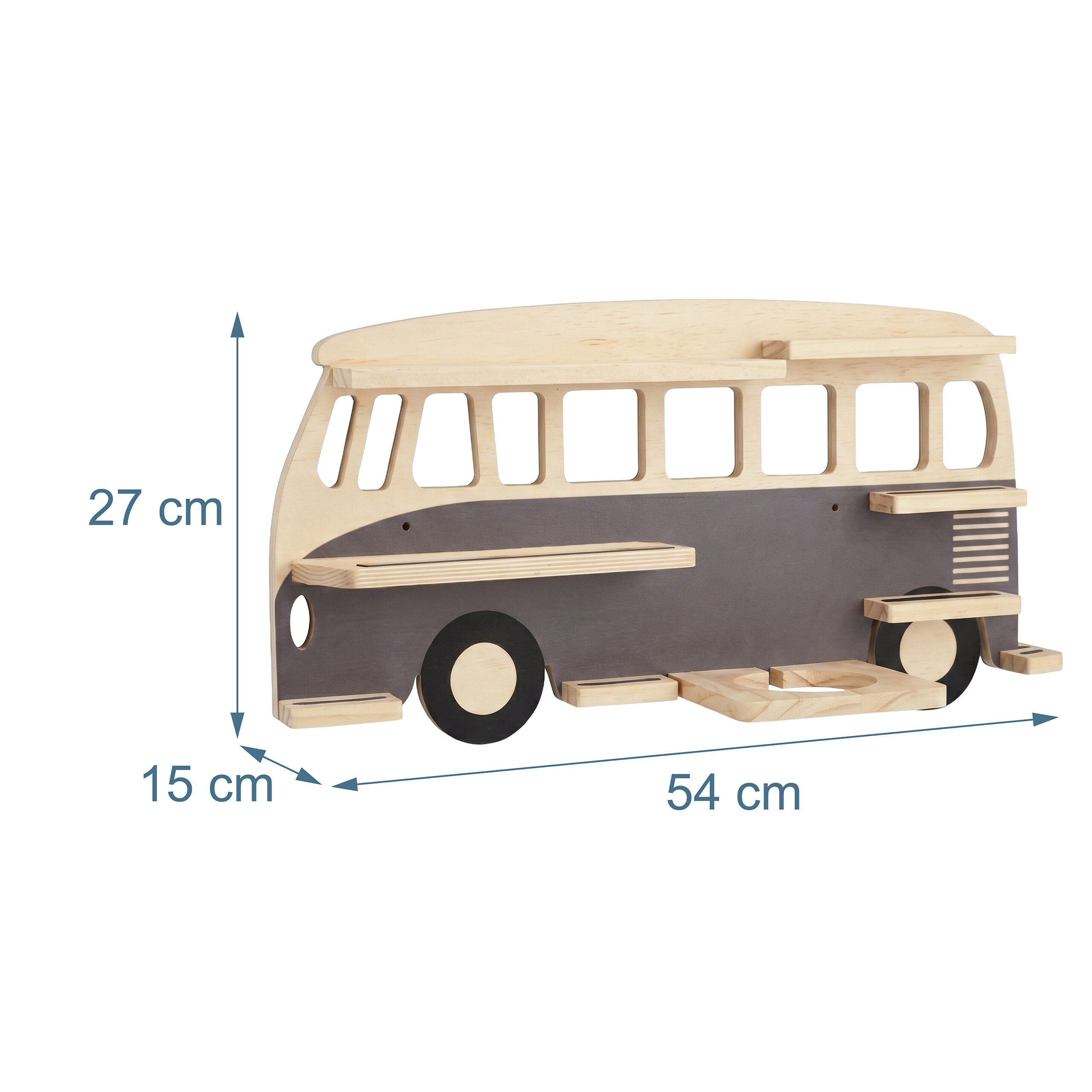 Holzregal im Design eines VW-Busses, grau und naturfarben, mit Maßen 54x27x15 cm auf weißem Hintergrund.