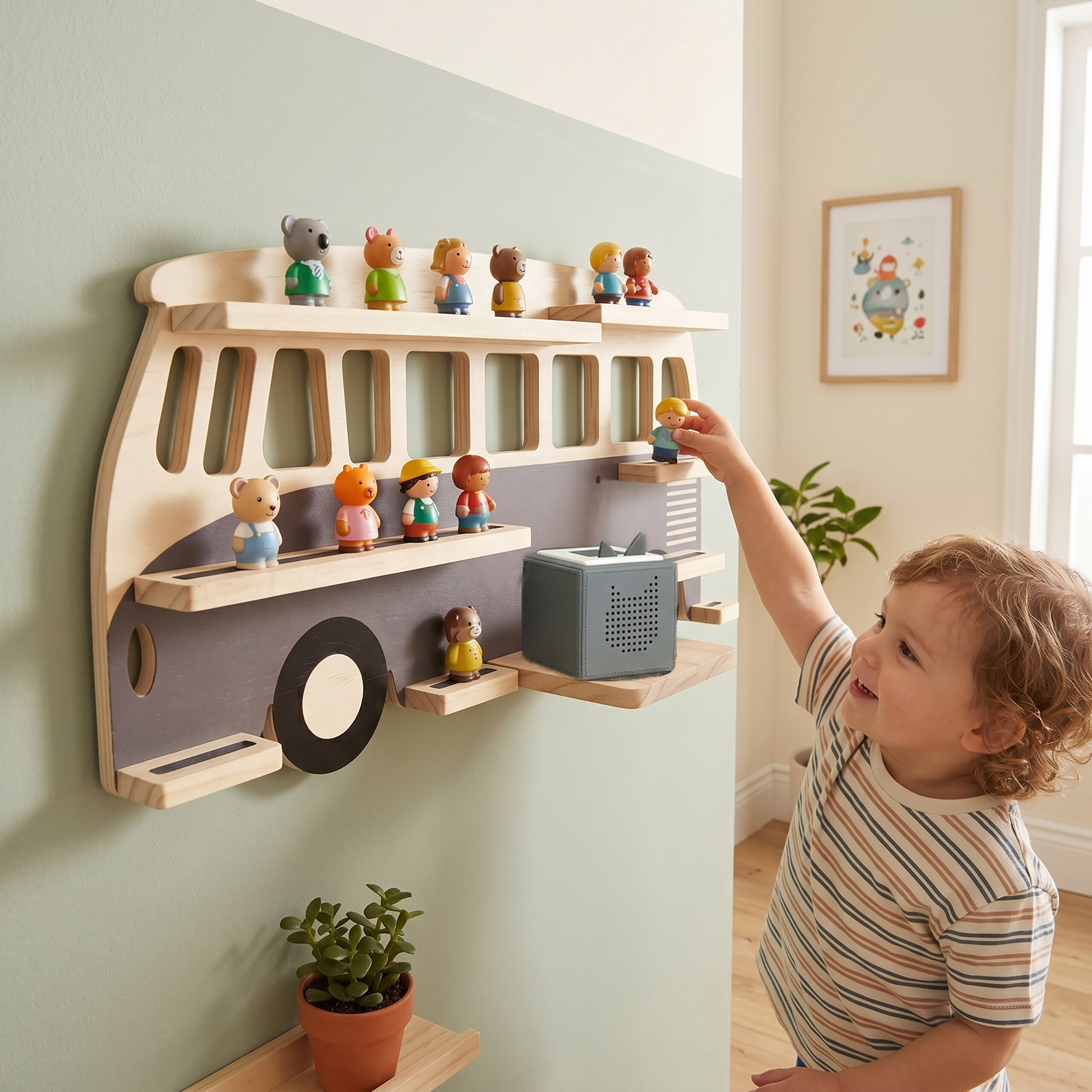 Ein Junge stellt eine kleine Spielfigur auf ein busförmiges Holzregal an einer grün-weißen Wand.