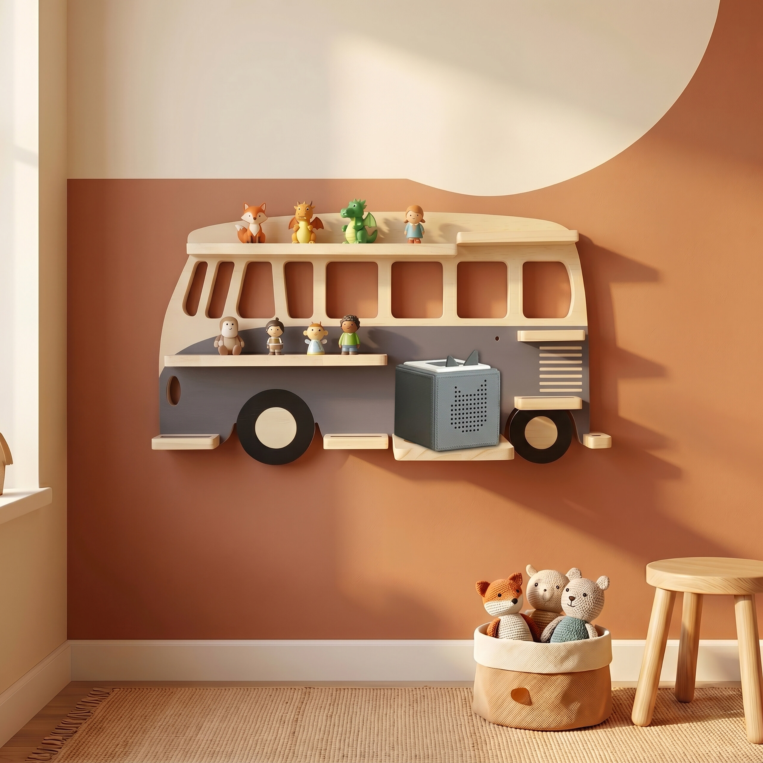 Ein holzfarbenes Bus-Regal an einer zweifarbigen Wand mit Spielzeug, Korb und Hocker.