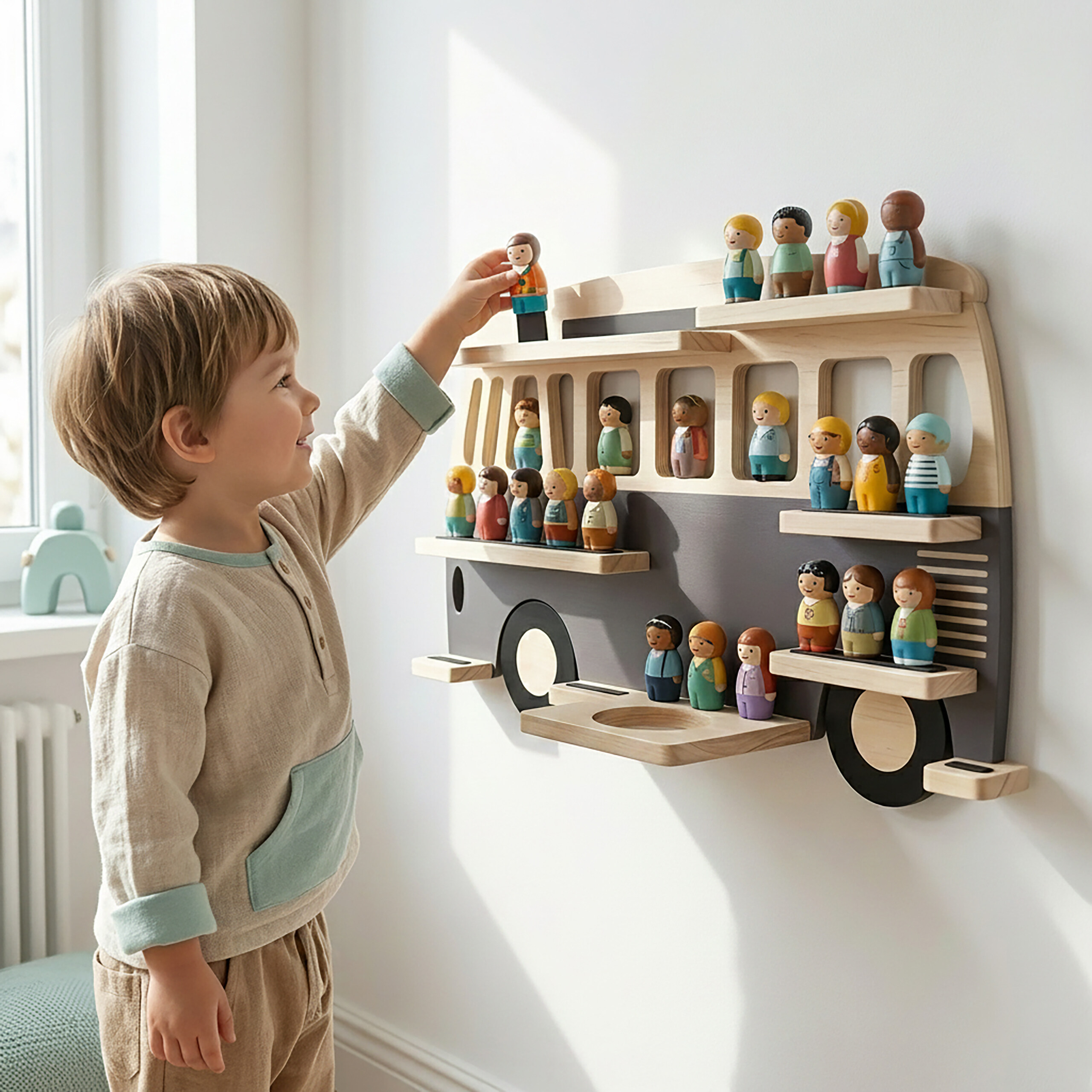 Ein kleiner Junge platziert eine Holzmännchen auf einem busförmigen Wandregal mit Figuren.