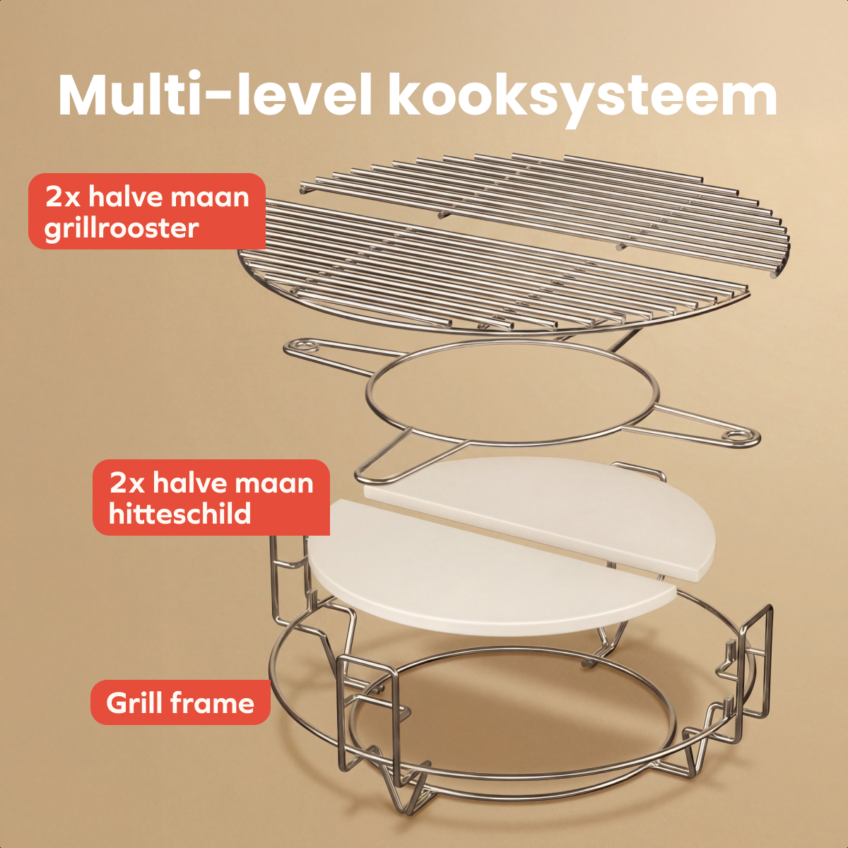 Explosionszeichnung eines mehrstufigen Grill-Kochsystems mit Gittern und Hitzeschilden.