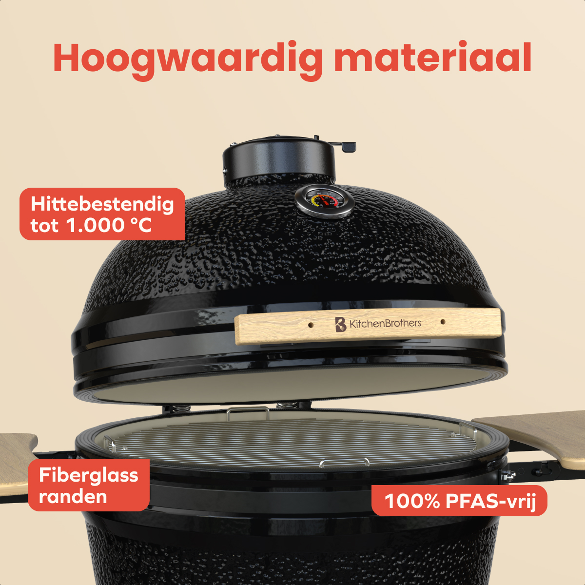 Schwarzer Keramik-Kamadogrill mit Texten zu Hitzebeständigkeit, Glasfaserrändern und PFAS-Freiheit.