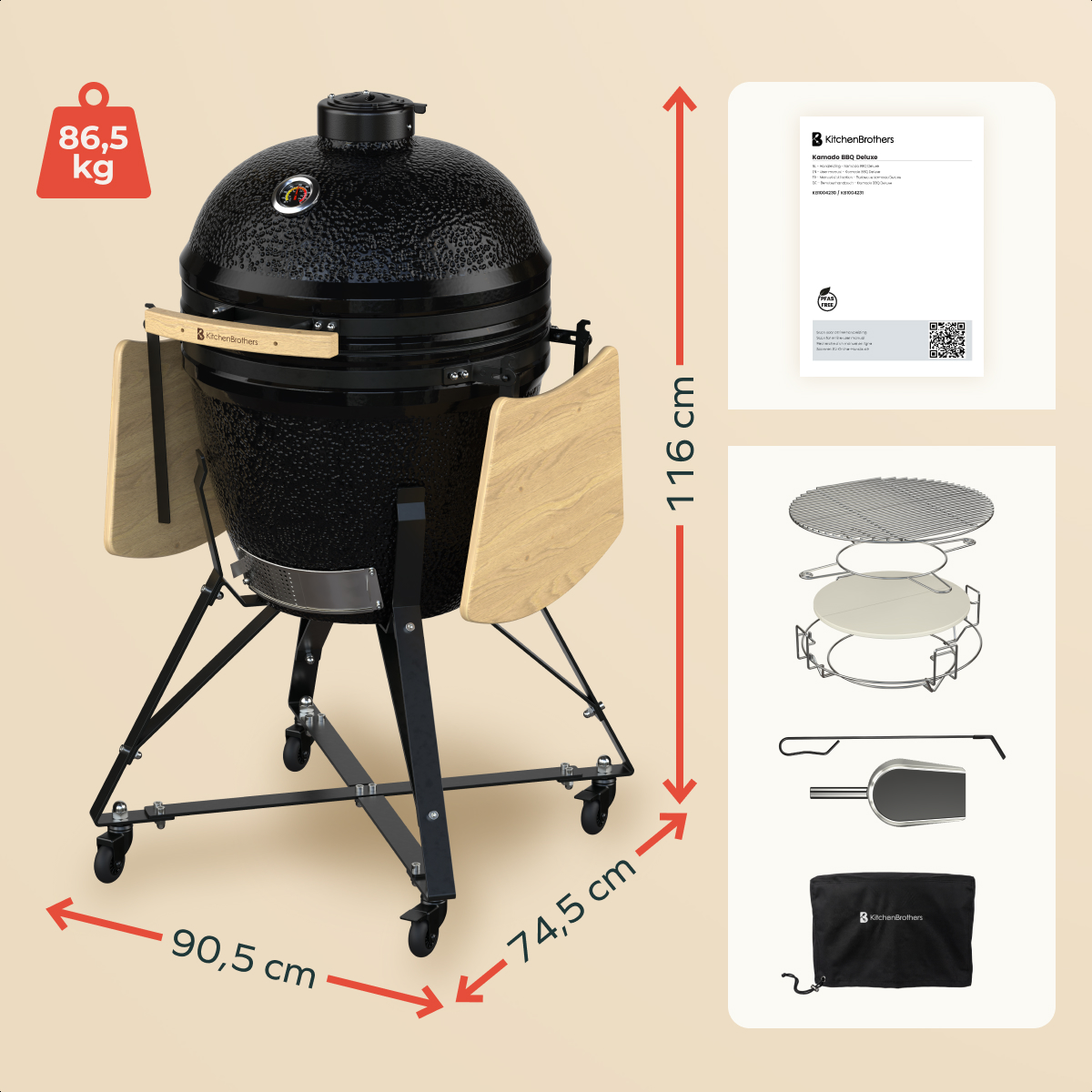 Schwarzer Kamado-Grill auf Rädern mit Holzablagen, Zubehör und Maßen.