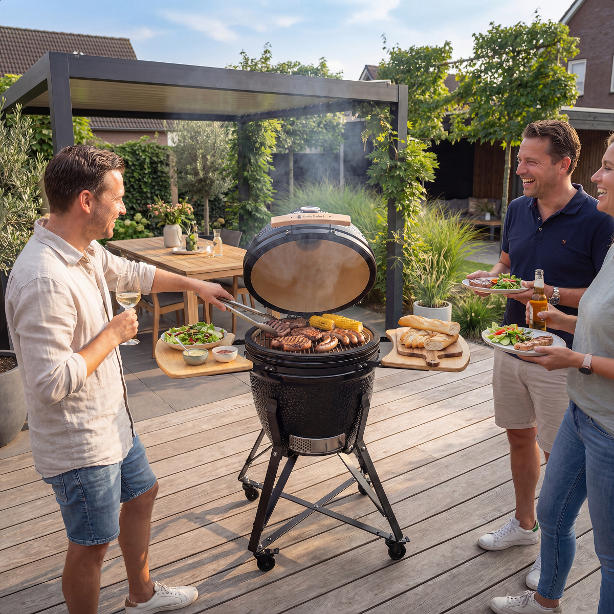 Freunde grillen im Garten auf einem großen Keramikgrill, lachen und genießen Getränke und Essen.