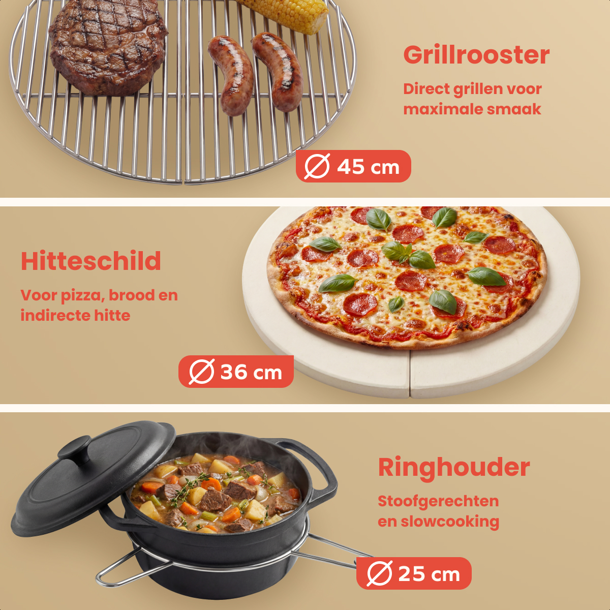 Drei Felder zeigen einen Grillrost, eine Pizza auf Stein und einen Eintopf mit Ringhalter.