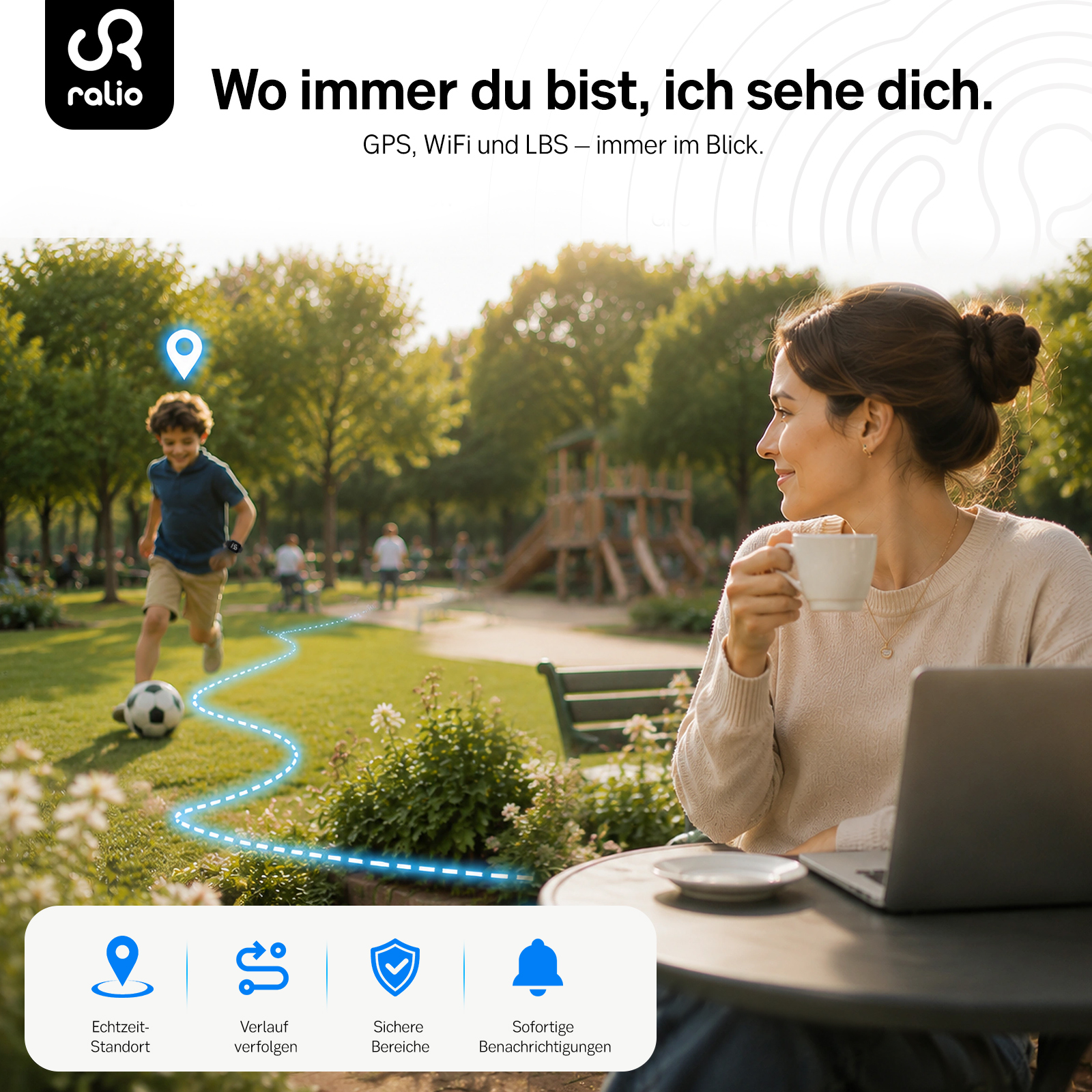 Eine Mutter beobachtet ihren Sohn beim Fußballspielen in einem Park, während eine gestrichelte Linie seinen Weg zeigt.