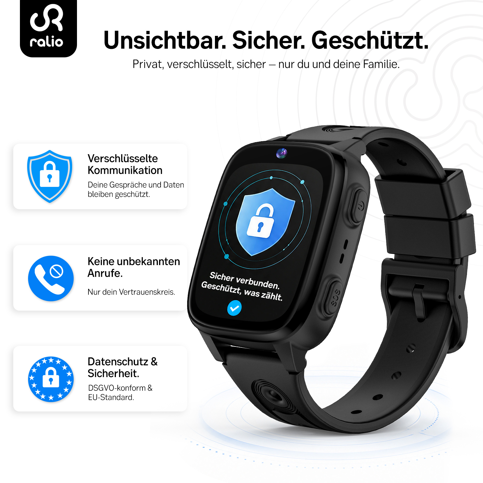 Schwarze Kinder-Smartwatch mit Sicherheitsfunktionen und verschlüsselter Kommunikation auf weißem Hintergrund.