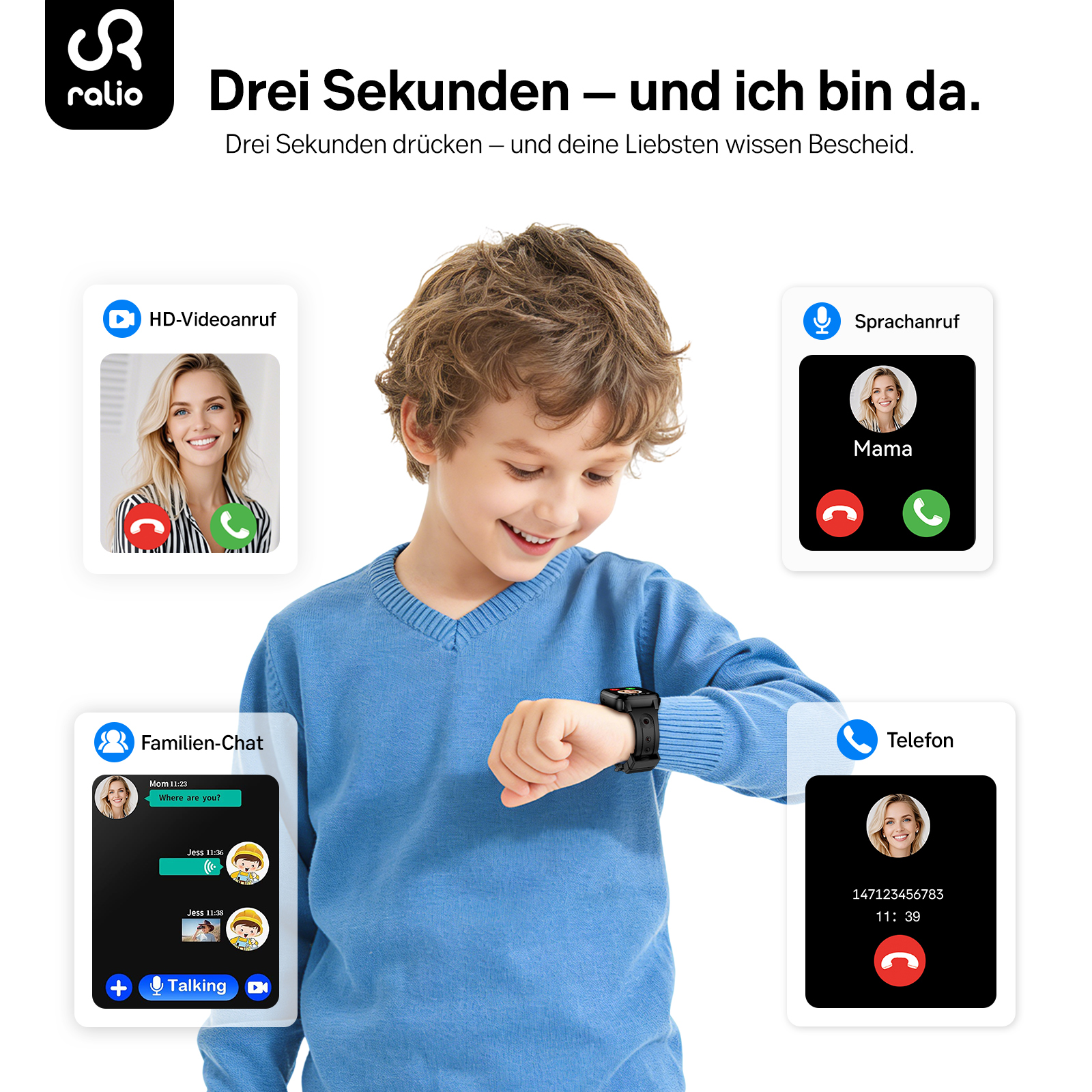Junge in blauem Pullover schaut auf seine Smartwatch, umgeben von Icons für Videoanrufe, Chat und Anrufe.