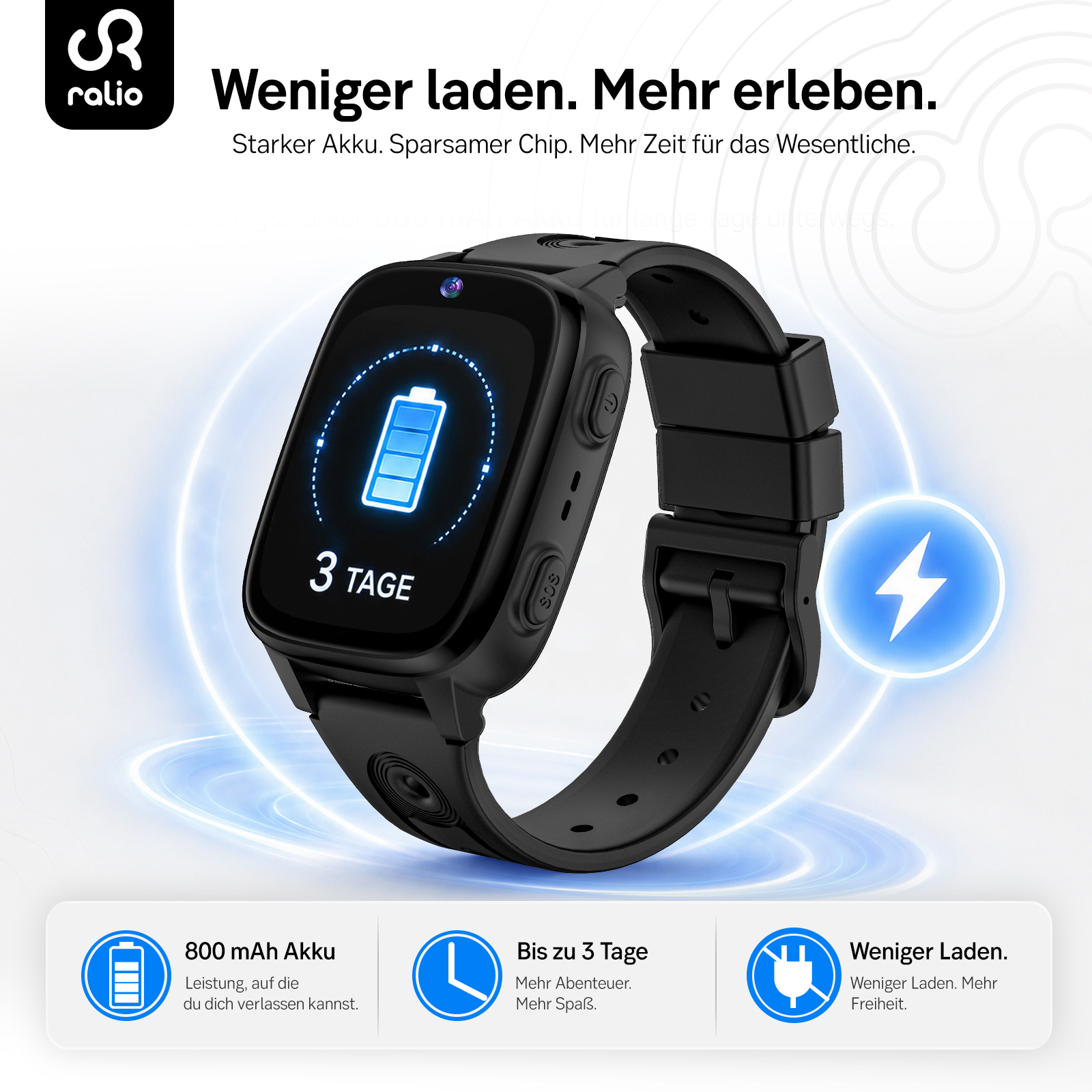 Schwarze Raliol Smartwatch mit Akku-Anzeige auf dem Display, Text und Icons im Hintergrund.
