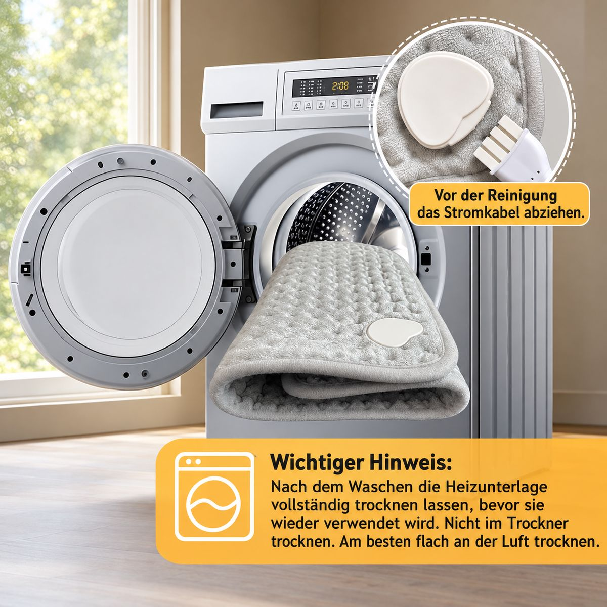 Ein graues Heizkissen ragt aus einer Waschmaschine, mit deutschen Warnhinweisen zum Abziehen und Trocknen.