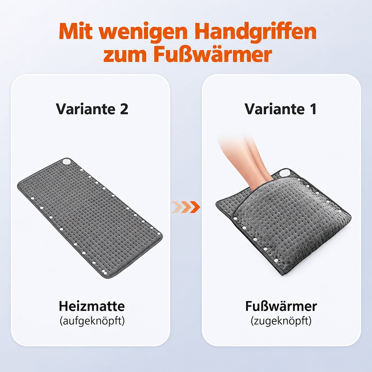 Vergleich zweier Varianten: Eine graue Heizmatte und ein geschlossener Fußwärmer mit Füßen darin.