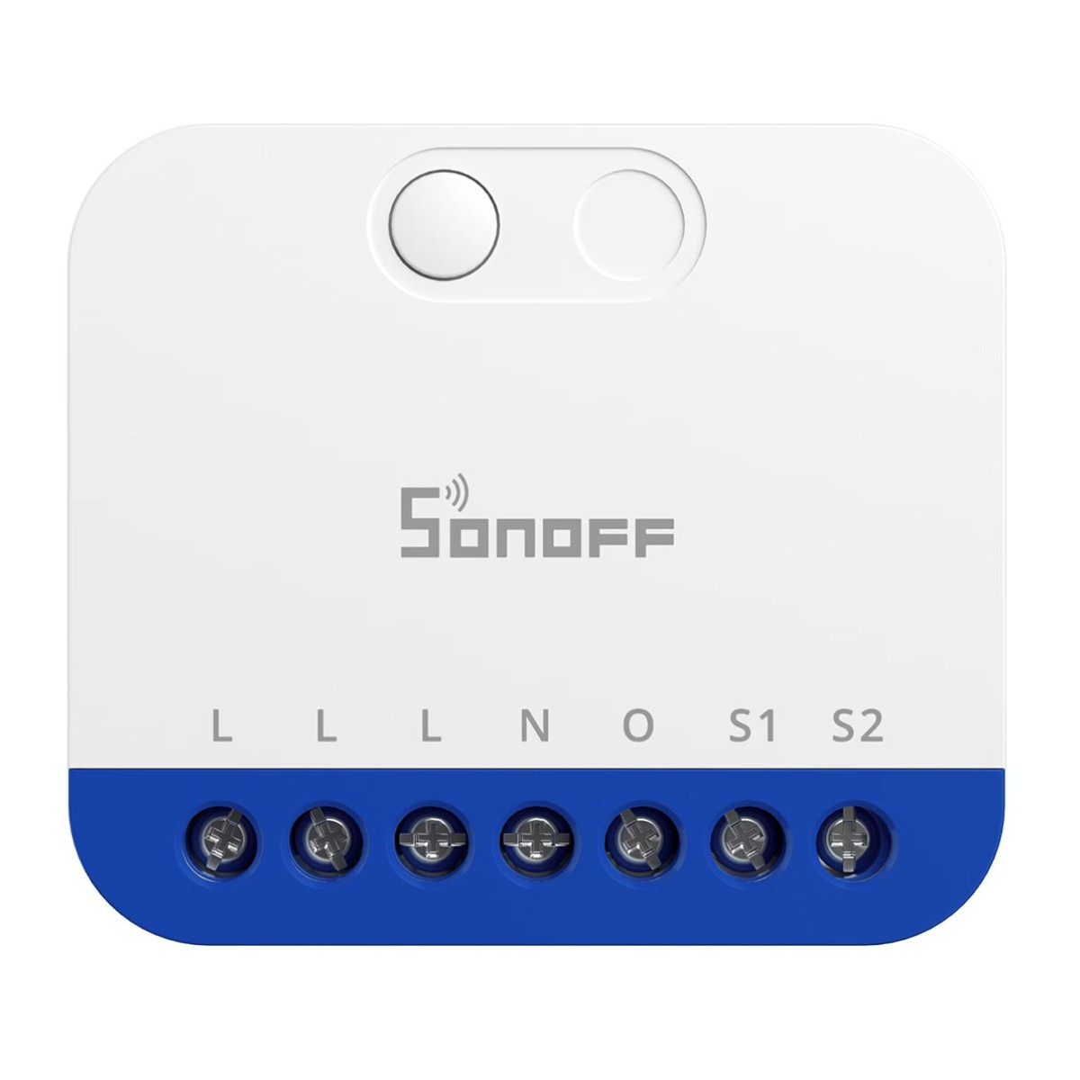 Weißes Sonoff-Smart-Relais mit blauer Unterseite und sieben Schraubklemmen.