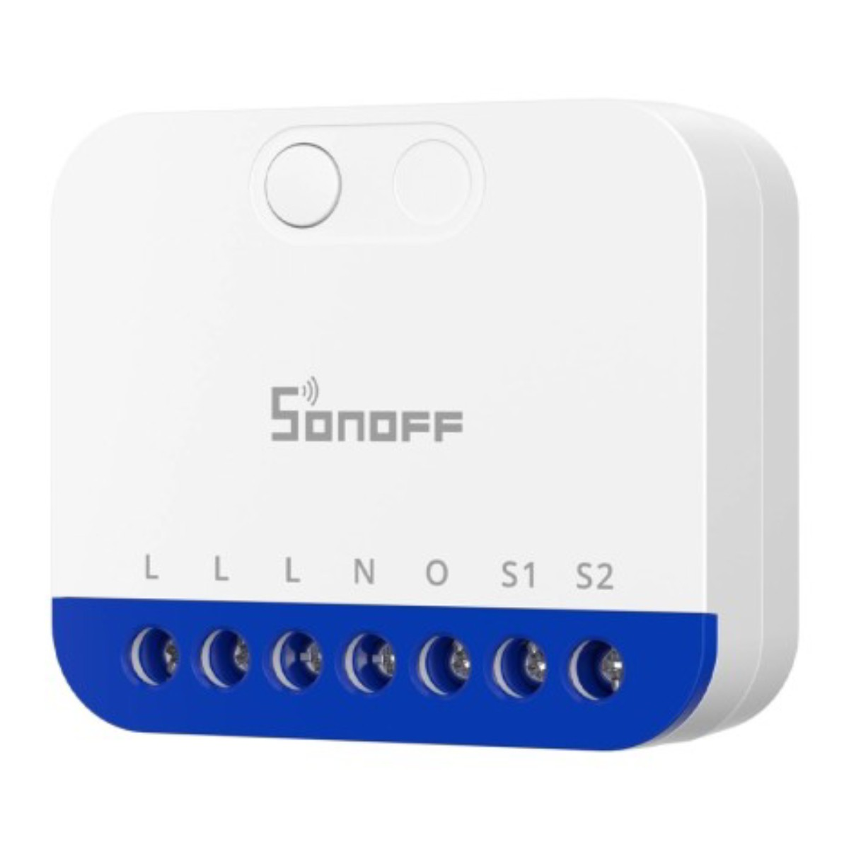 Weißes Sonoff-Smart-Relay mit blauer Unterseite und Schraubklemmen.