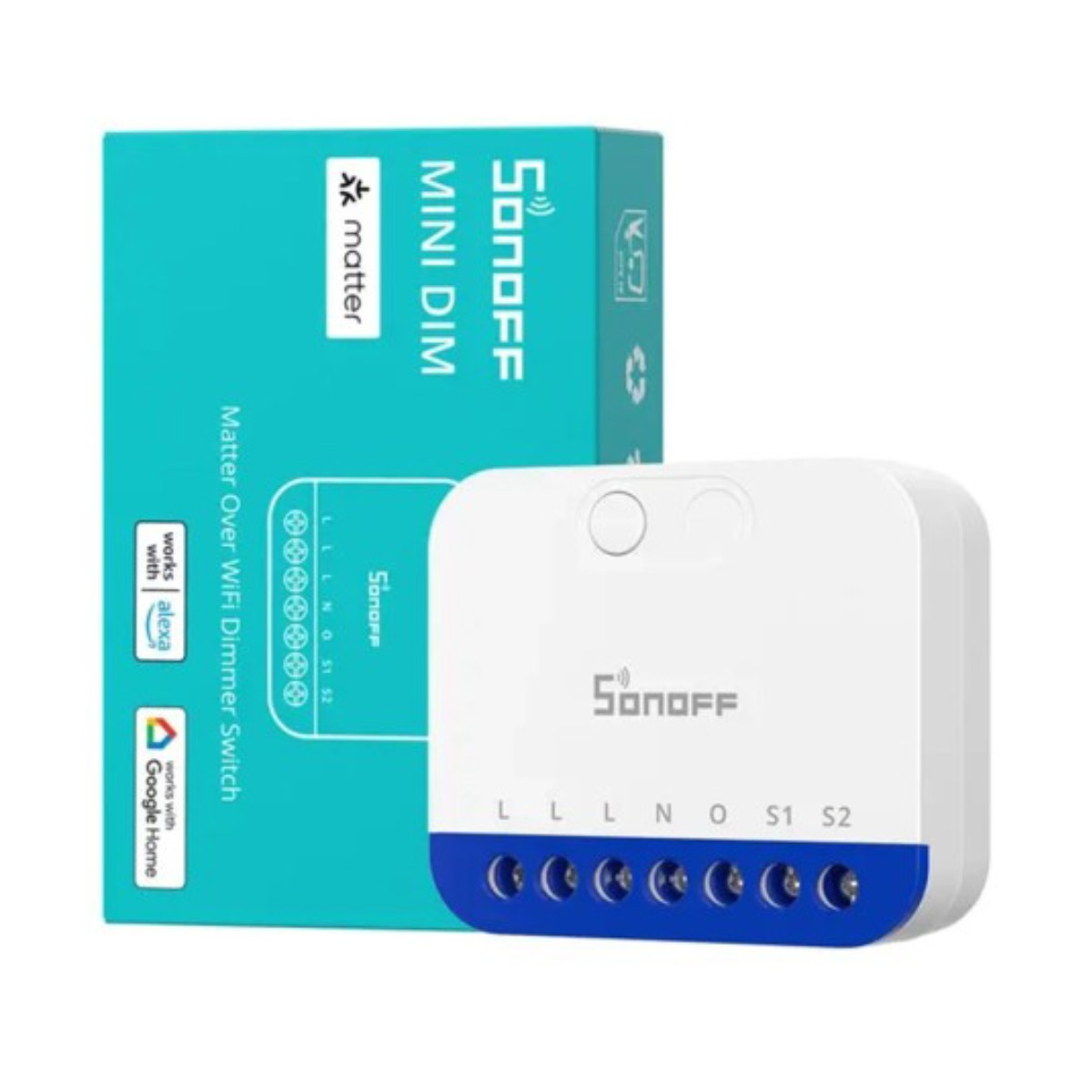 Sonoff Mini Dimmer Schalter in Weiß mit blauer Basis vor einer türkisen Produktverpackung.