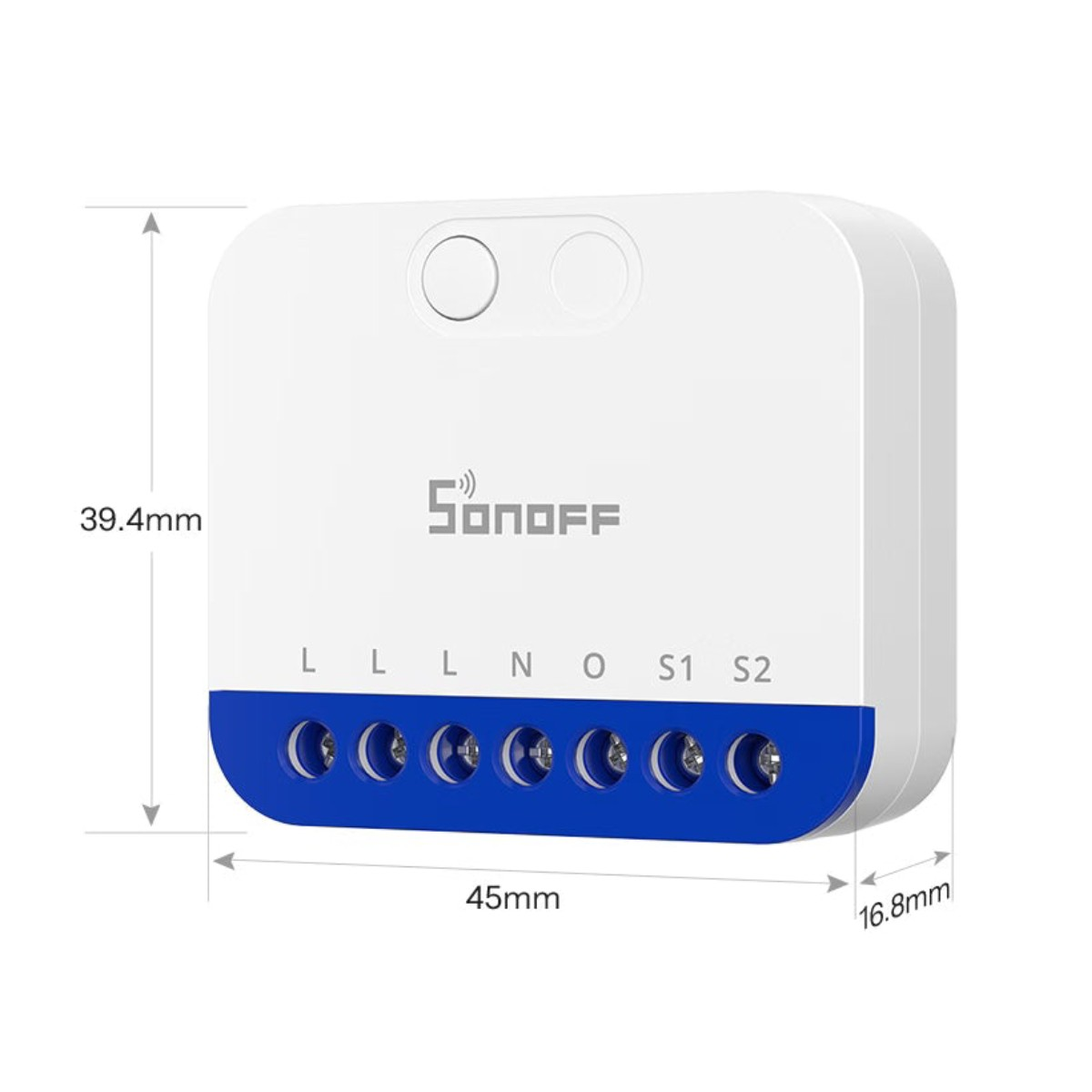 Weißes Sonoff-Smart-Relais mit blauer Klemmleiste und Maßen 39,4x45x16,8mm auf weißem Hintergrund.