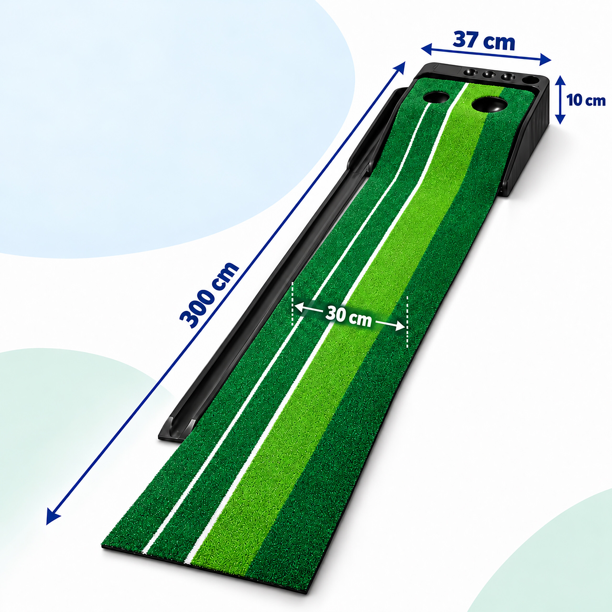 Grüner Golf-Putting-Matte mit Maßen von 300x37 cm, zwei Löchern und Ballrücklauf auf weißem Hintergrund.