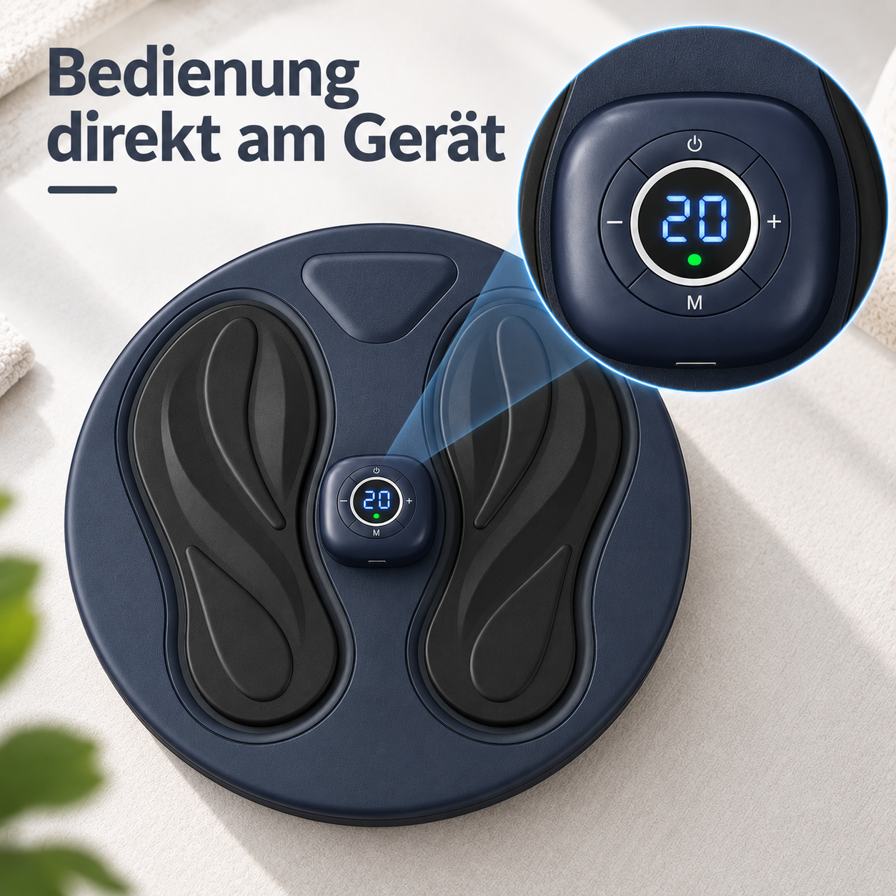 Dunkelblaues Fußmassagegerät mit zwei Fußformen und zentralem Digitaldisplay, vergrößert oben rechts.