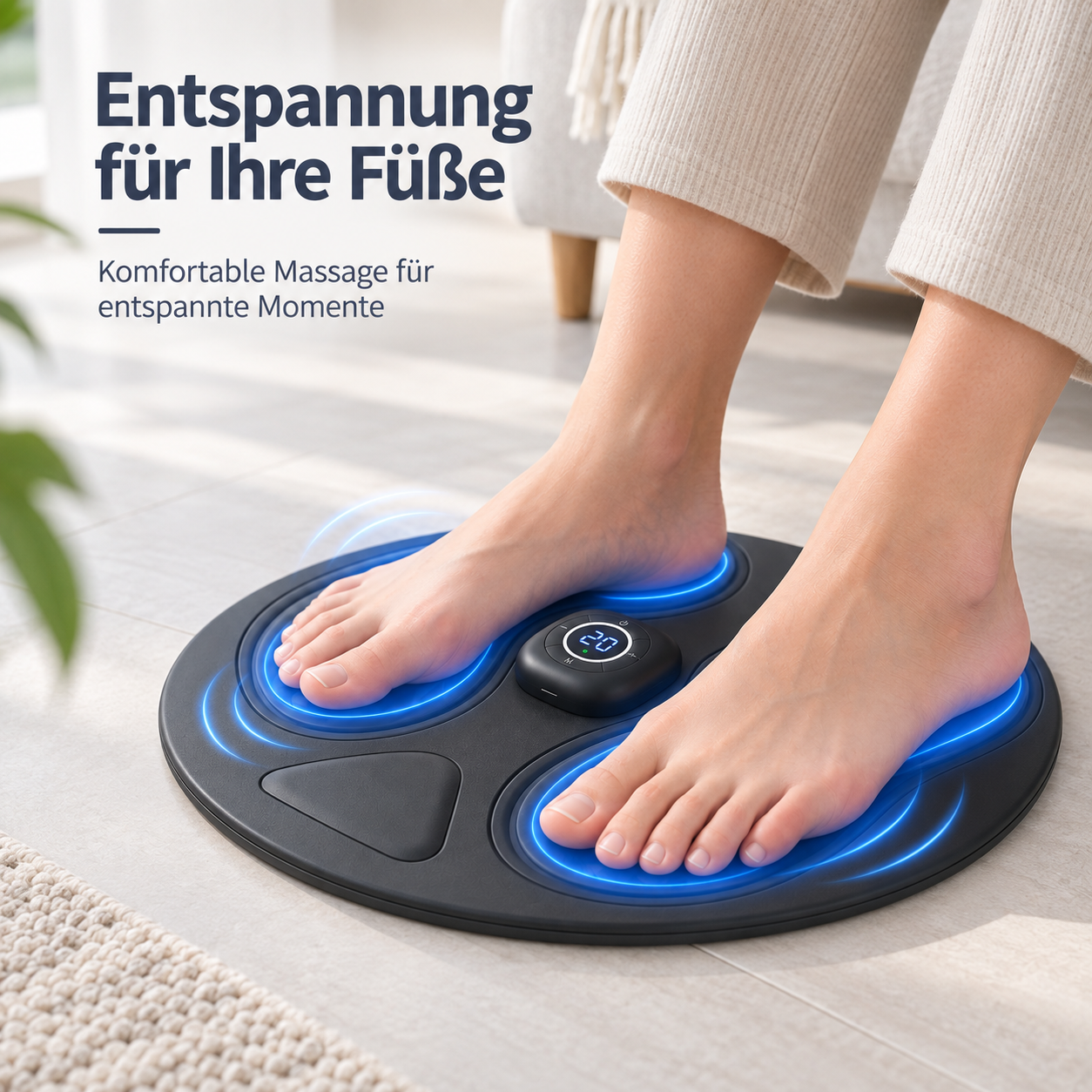Barfuß stehende Füße auf einem runden, schwarzen Fußmassagegerät mit blau leuchtenden Kreisen und Display.
