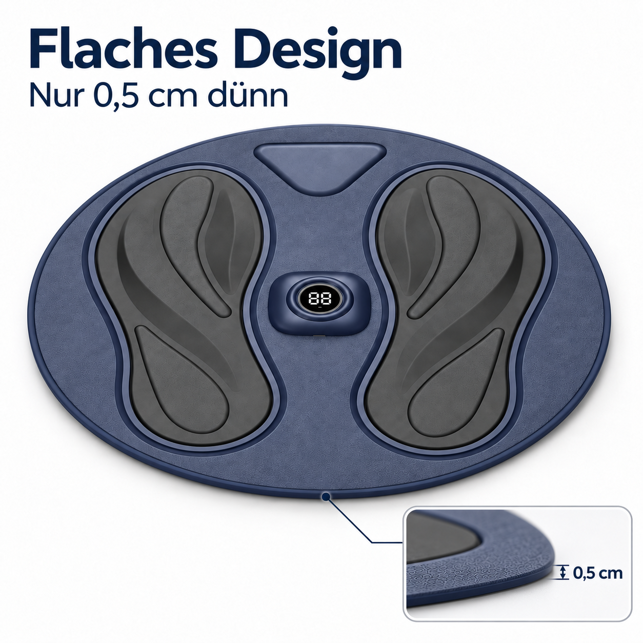 Ein blaues Fußmassagegerät mit zwei schwarzen Fußabdruck-Pads und einem kleinen Display in der Mitte.