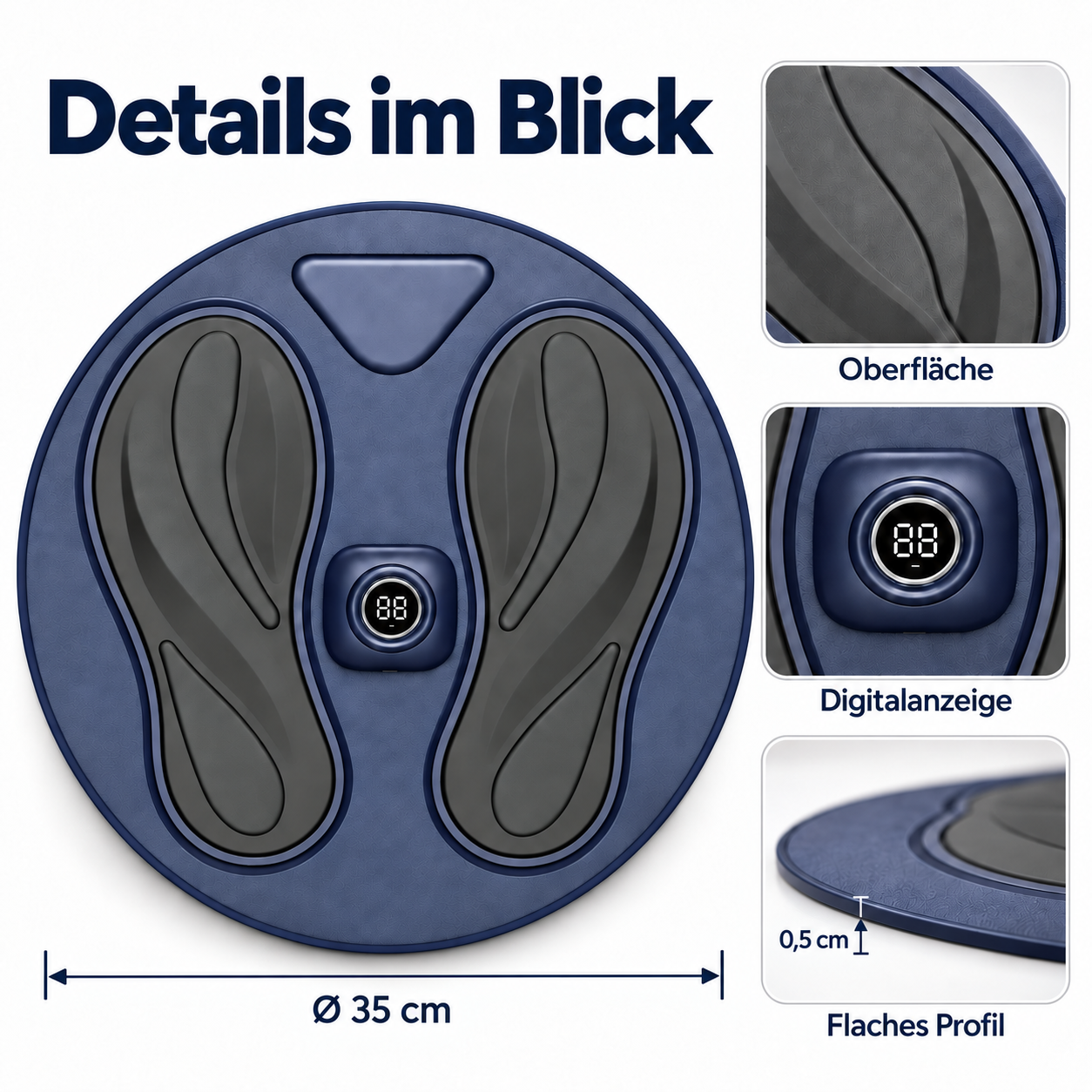 Blaue Fußmassageplatte mit grauen Fußabdrucken, Digitalanzeige und 35 cm Durchmesser.