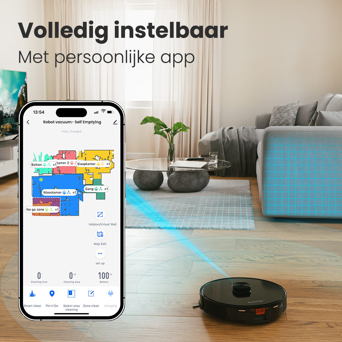 A robot vacuum cleans the floor, controlled via an app showing a floor map on a smartphone.