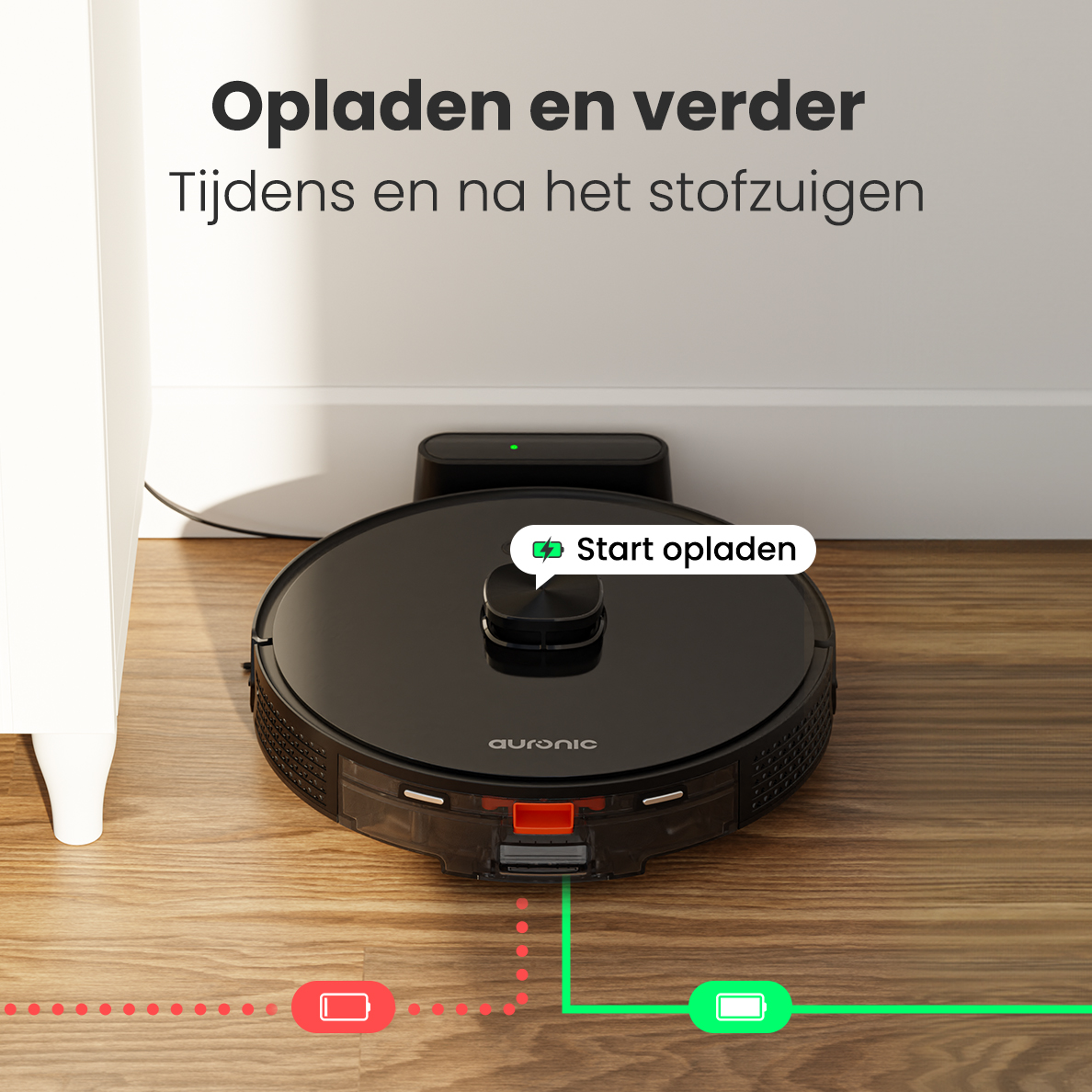 A black robot vacuum charges at its dock on a wooden floor, with Dutch text overhead.
