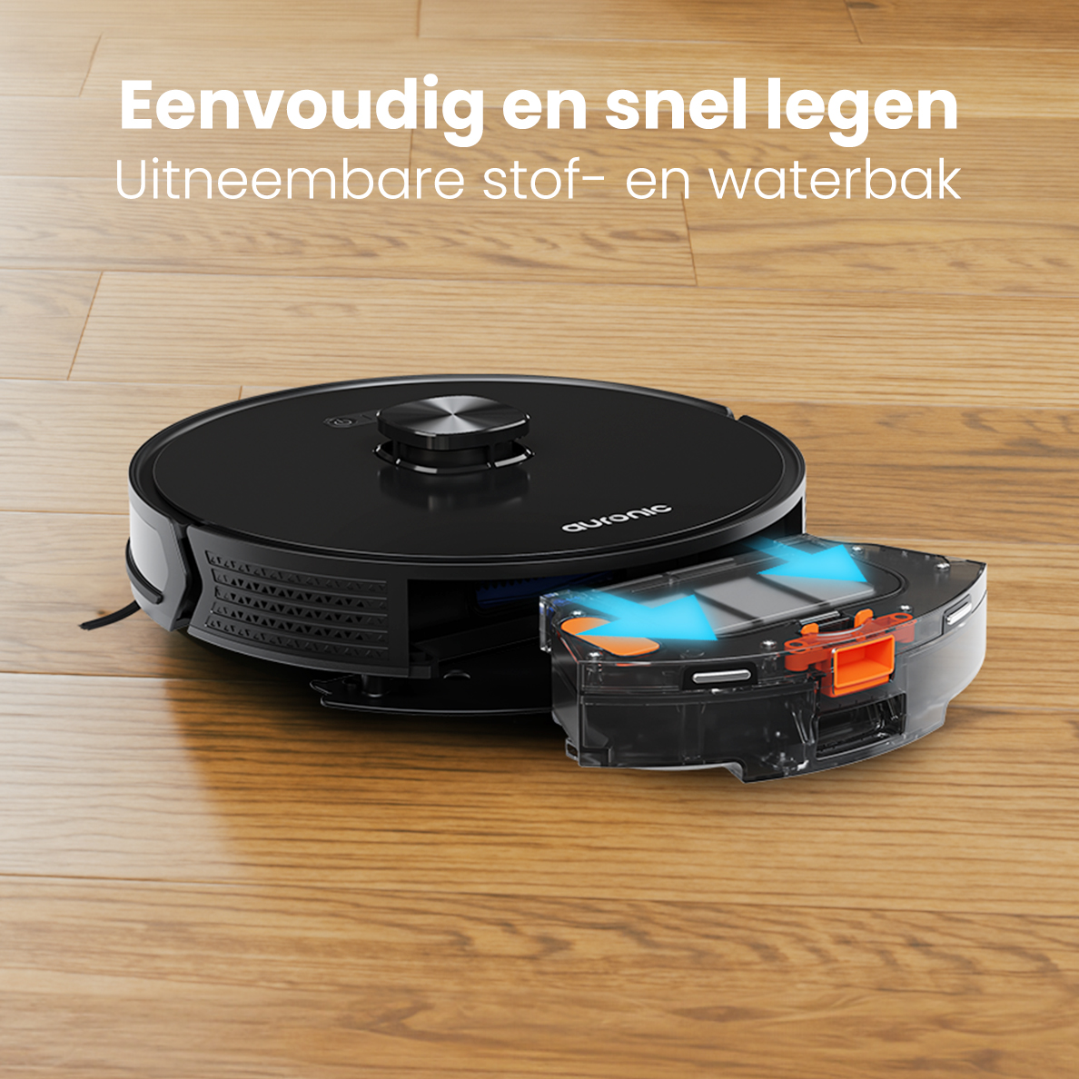 A black robot vacuum cleaner on a wooden floor with a removable water tank.