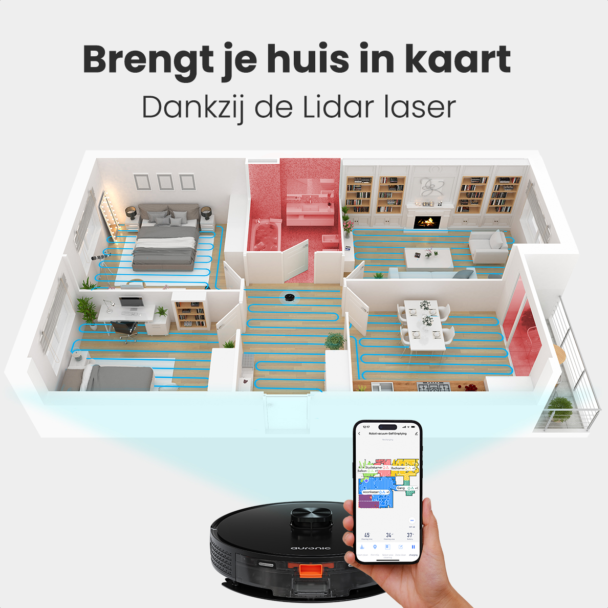 A robot vacuum maps a house with blue lines, controlled via a smartphone app.