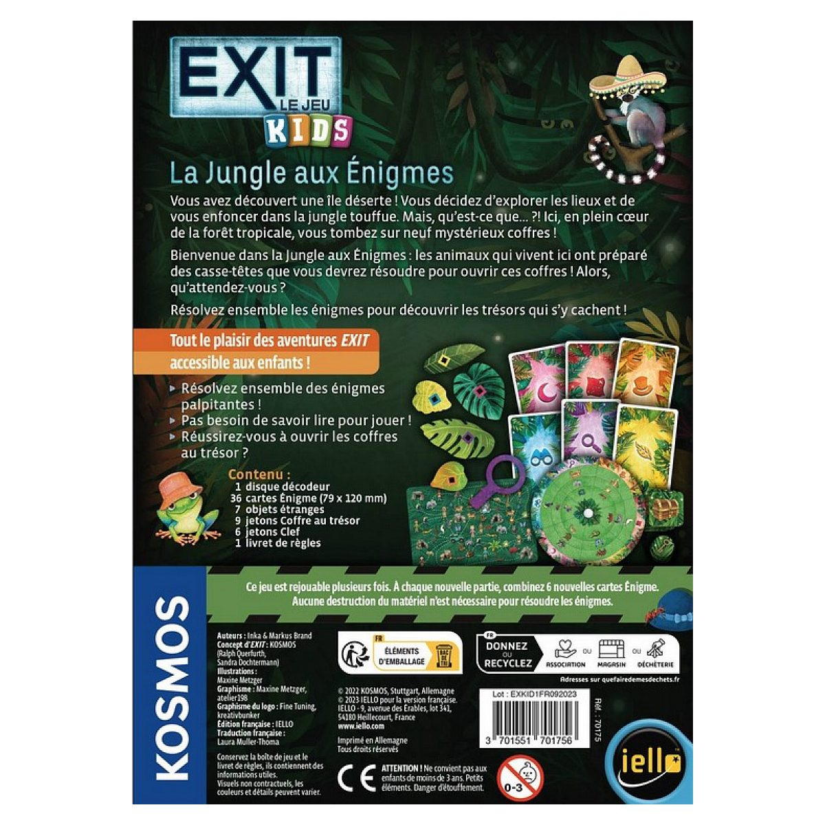 Rückseite des Exit Kids Brettspiels La Jungle aux Énigmes mit Spielkarten, Decoder und Text.