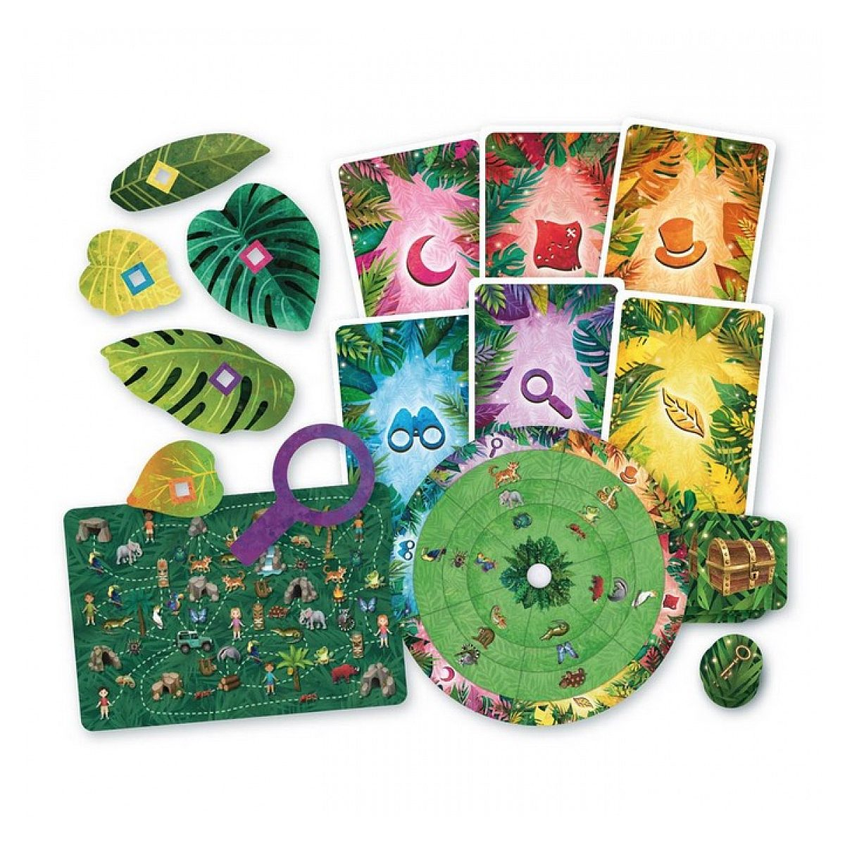 Spielmaterial mit Karten, Blättern, Sucher, Spielbrett und Rätselrad auf weißem Hintergrund.