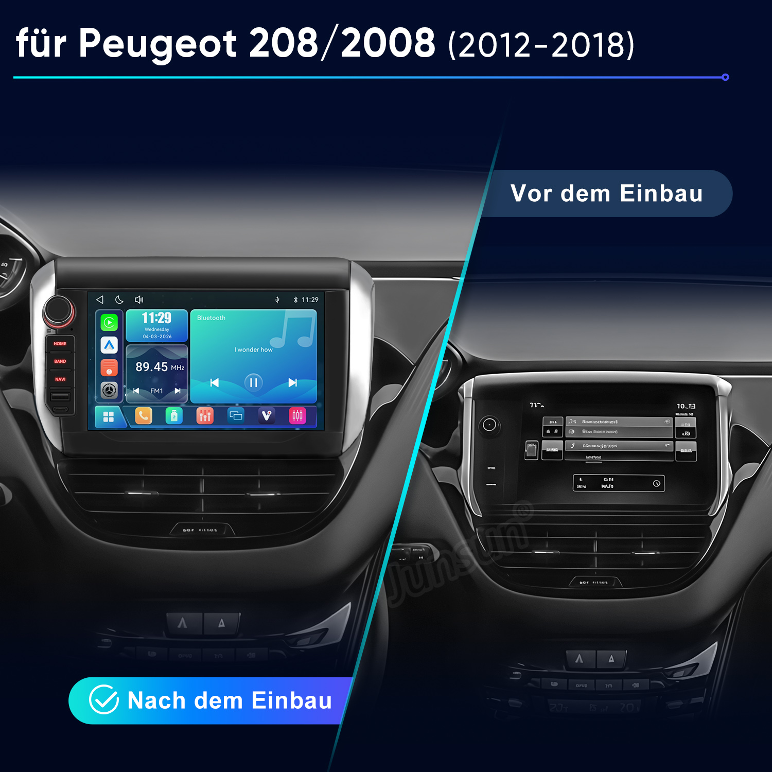 Vergleich Peugeot 208/2008 Armaturenbrett vor und nach dem Einbau eines neuen Infotainmentsystems.