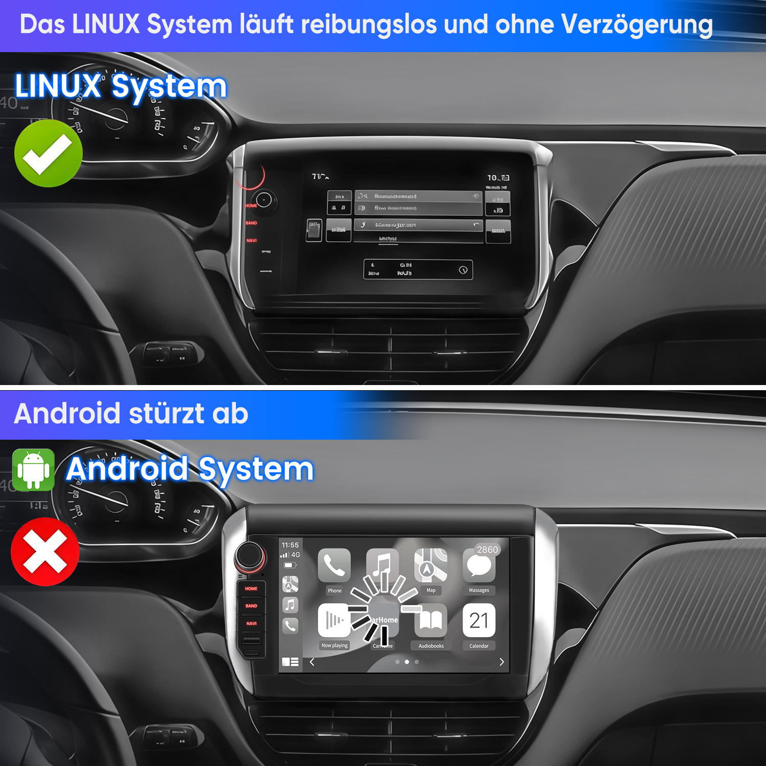 Vergleich eines reibungslosen Linux-Autosystems und eines abstürzenden Android-Systems.