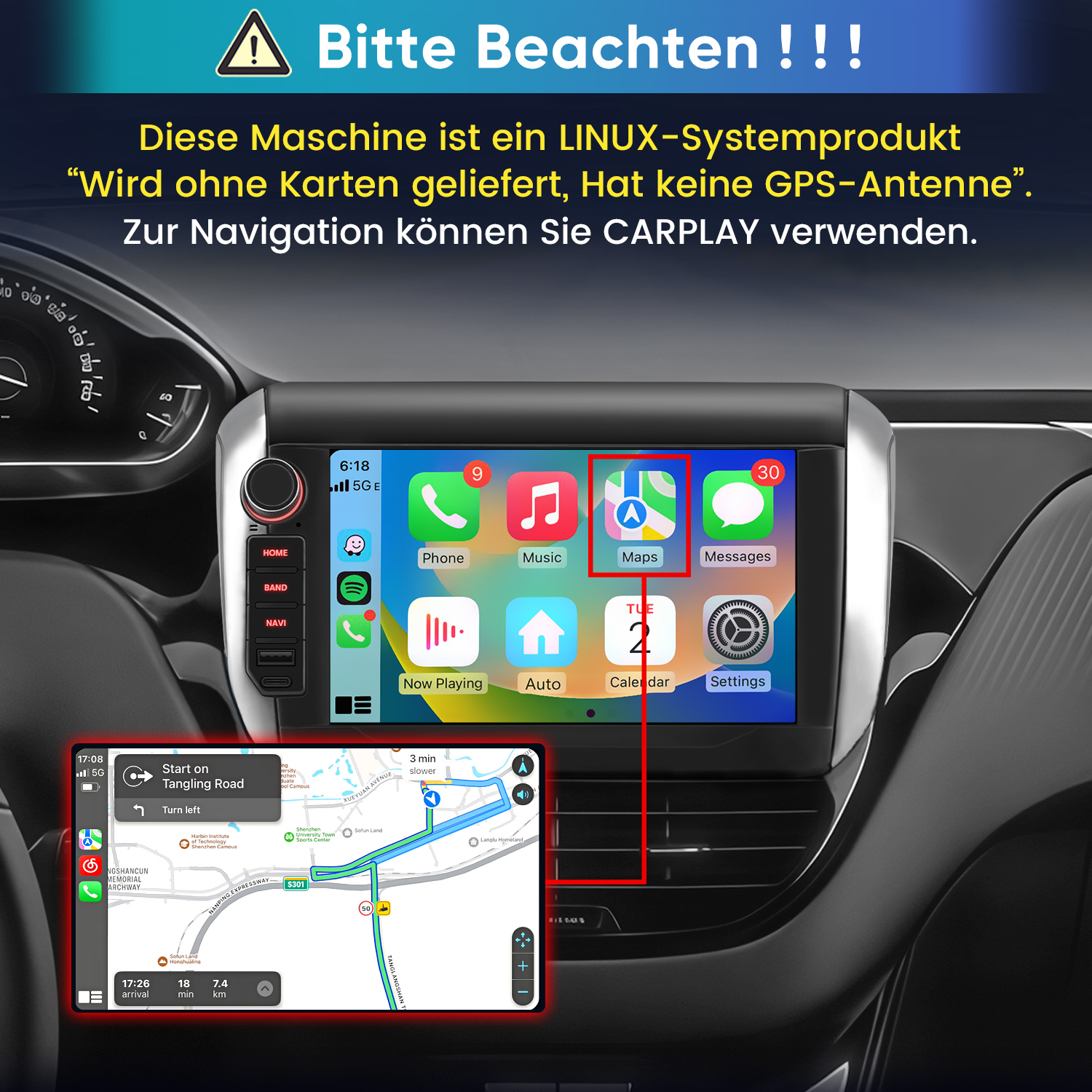 Autobildschirm mit einer digitalen Benutzeroberfläche aus App-Symbolen und einer Navigationskarte.
