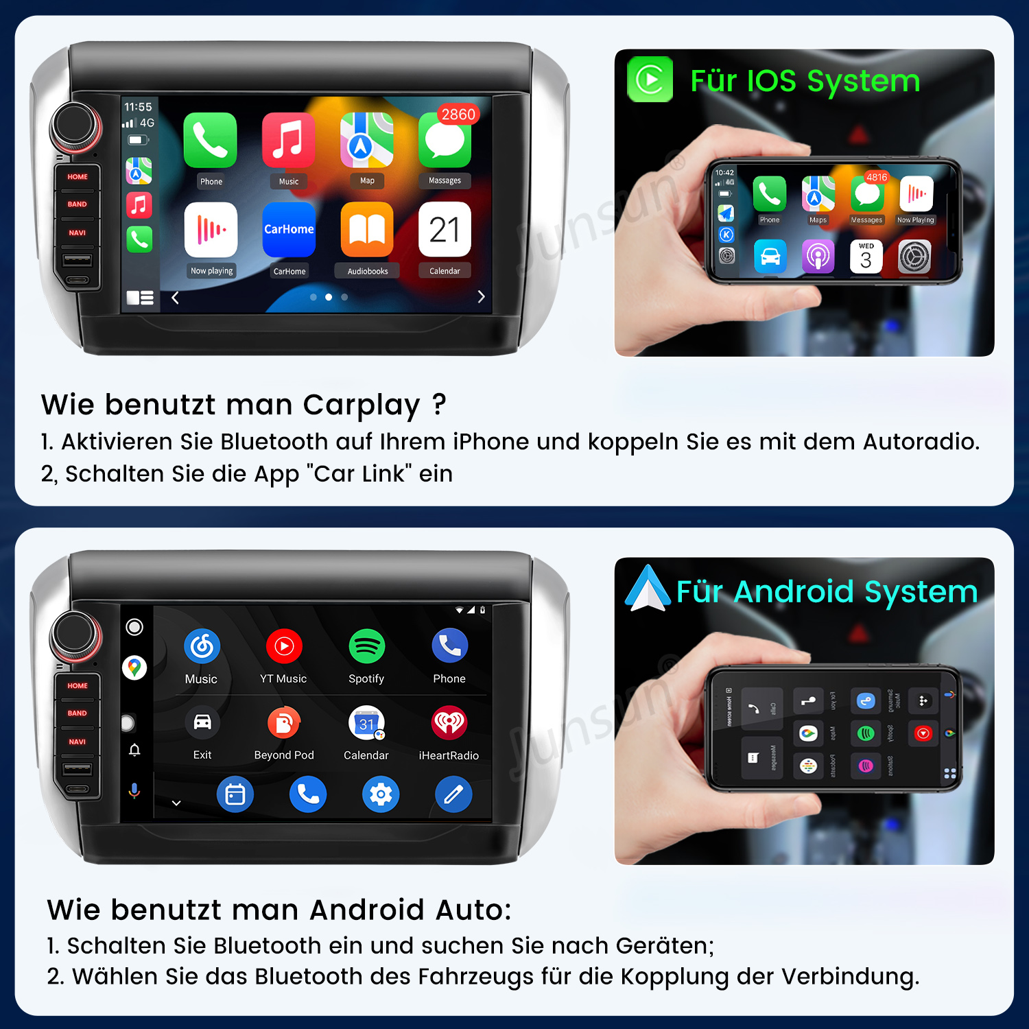 Anleitung zur Nutzung von Carplay und Android Auto mit Smartphone und Autoradio.