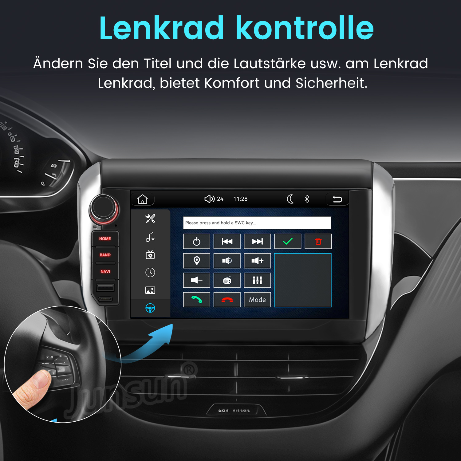 Autoinnenraum mit Touchscreen-Infotainmentsystem und Lenkradtasten-Steuerung.