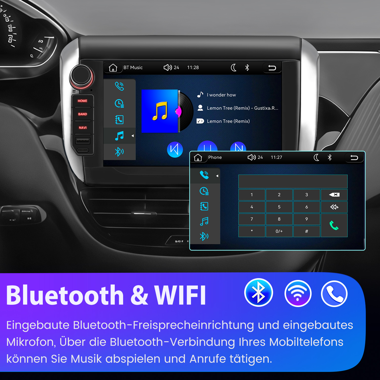 Autodisplay mit Bluetooth und WLAN zeigt Musik und Telefonfunktionen.