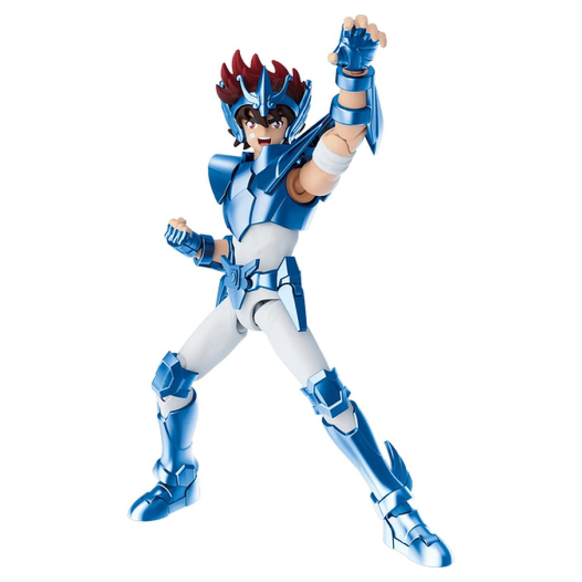 Eine Anime-Aktionfigur in blauer Rüstung hebt die rechte Faust vor weißem Hintergrund.