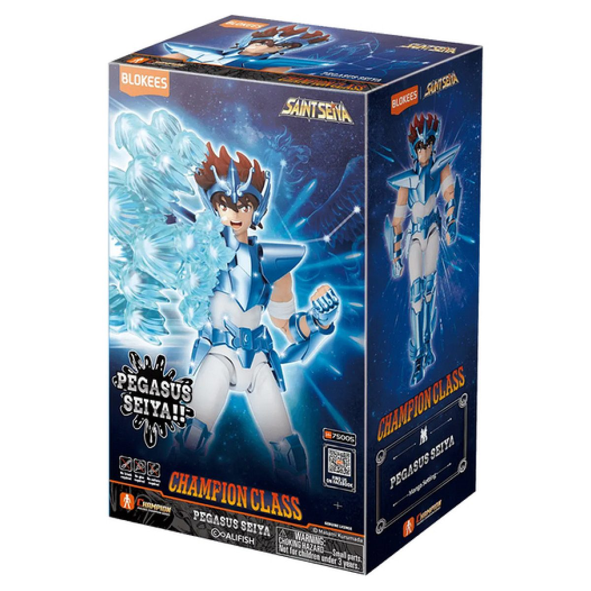 Blokees Champion Class Pegasus Seiya Actionfigur in blauer Verpackung mit blauen Energieeffekten.