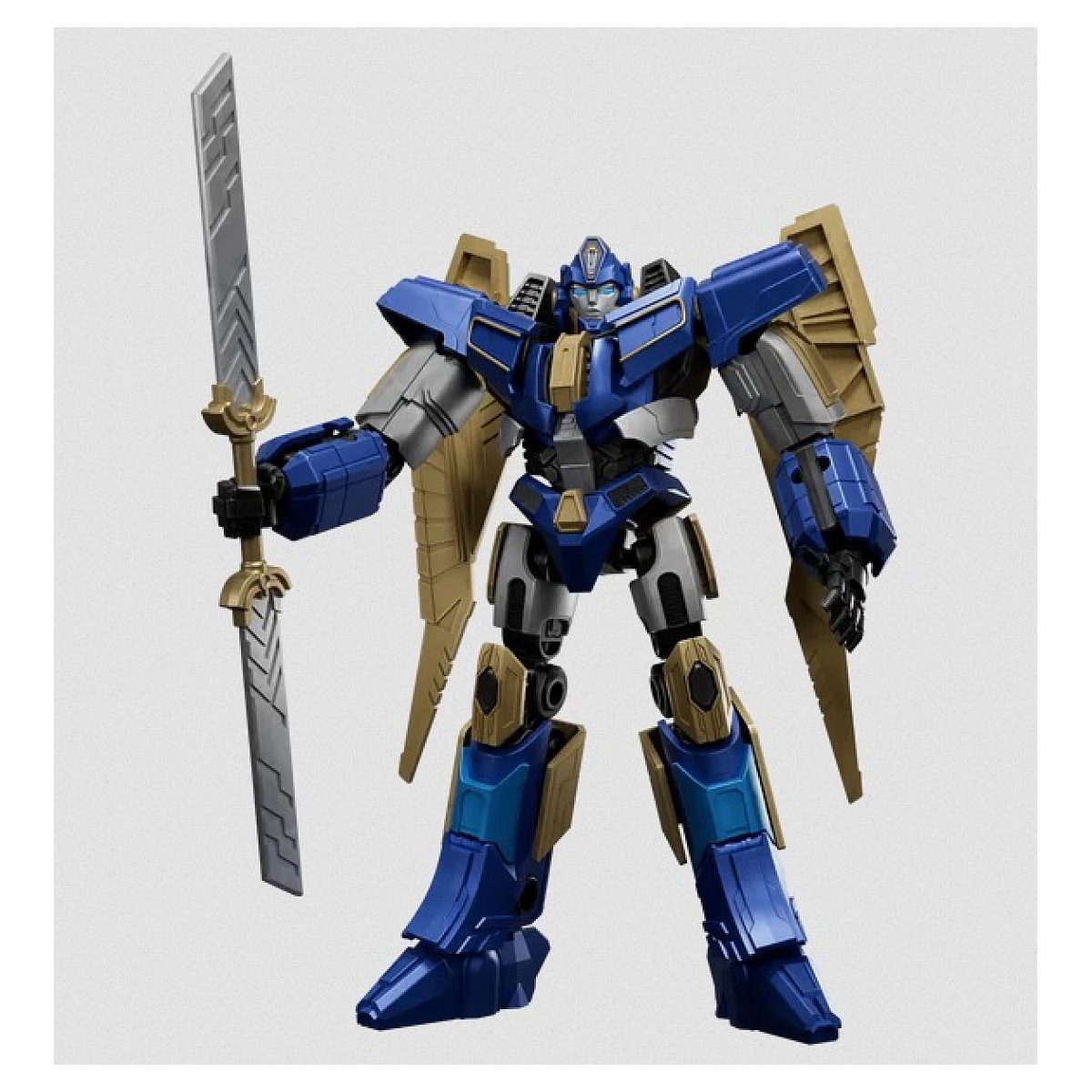 Blaue und goldene Roboterfigur mit Schwert auf grauem Hintergrund.