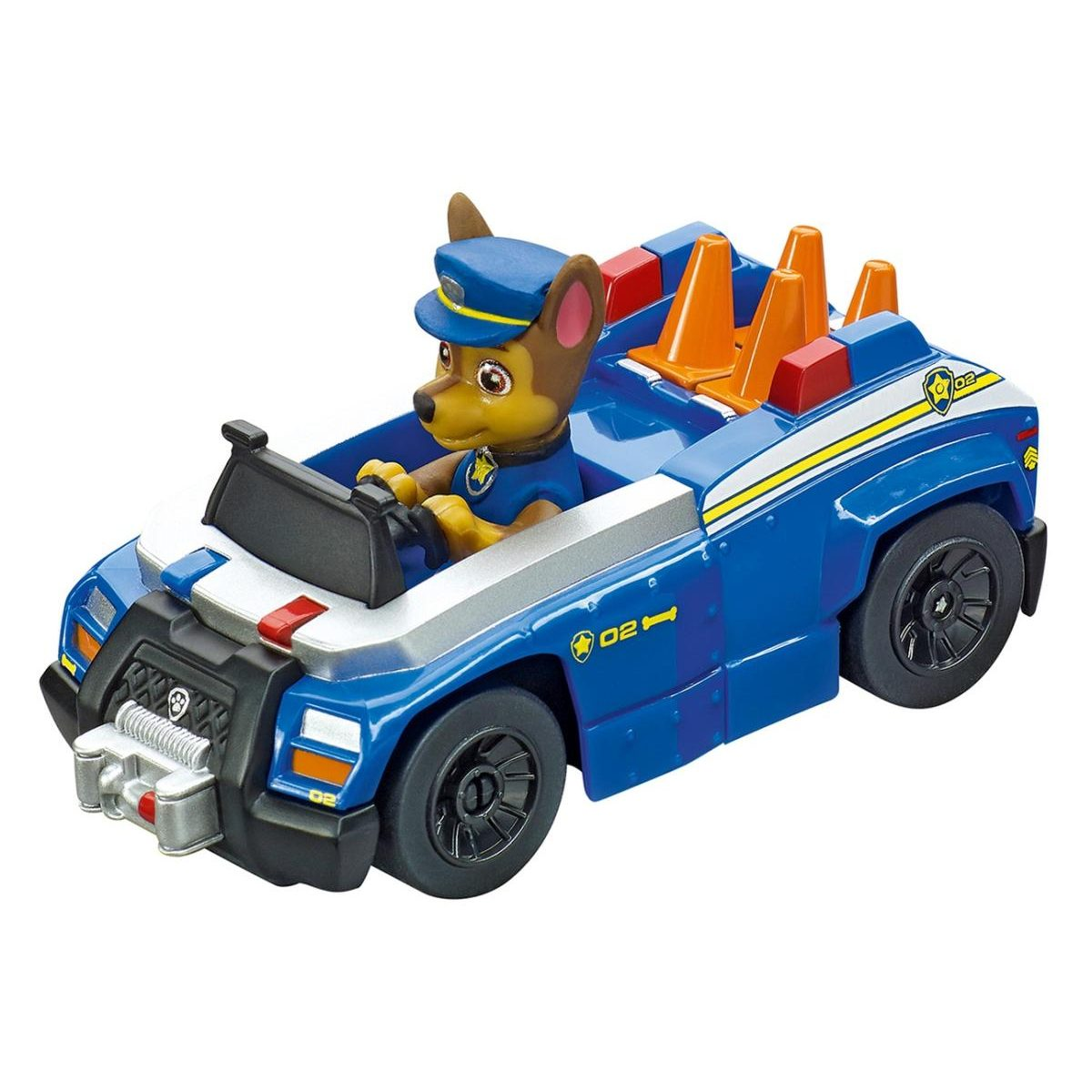 Chase aus Paw Patrol sitzt in seinem blauen Polizeiauto mit Verkehrskegeln hinten.