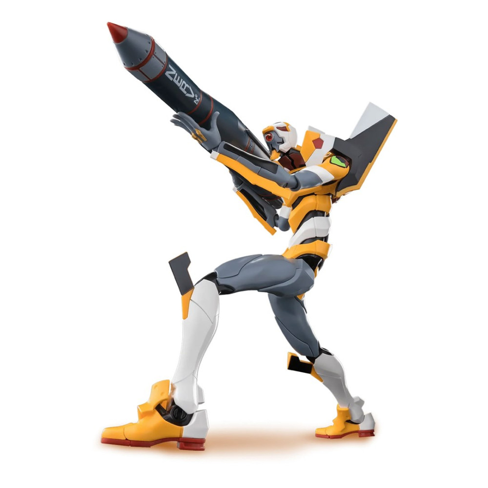 Żółto-szara figurka robota Evangelion trzyma dużą rakietę NERV.